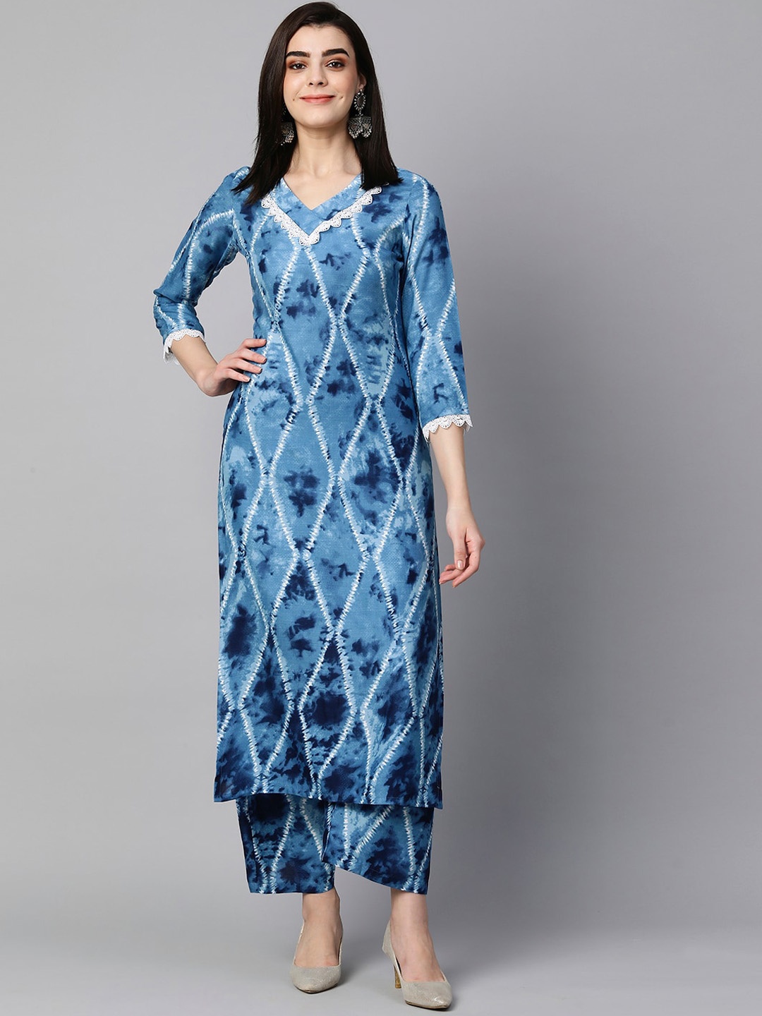 

KALINI Tie & Dye Dyed Lace Detail Regular Kurta with Palazzos, Blue