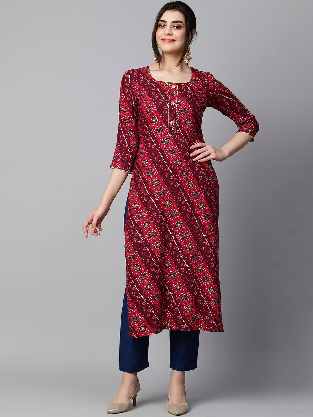 

KALINI Bandhani Printed Gotta Patti Kurta with Trousers, Red