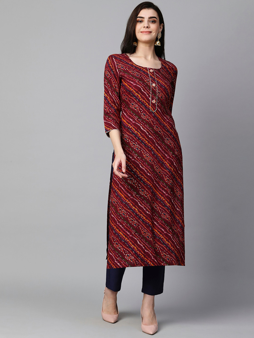 

KALINI Bandhani Printed Gotta Patti Kurta with Trousers, Burgundy
