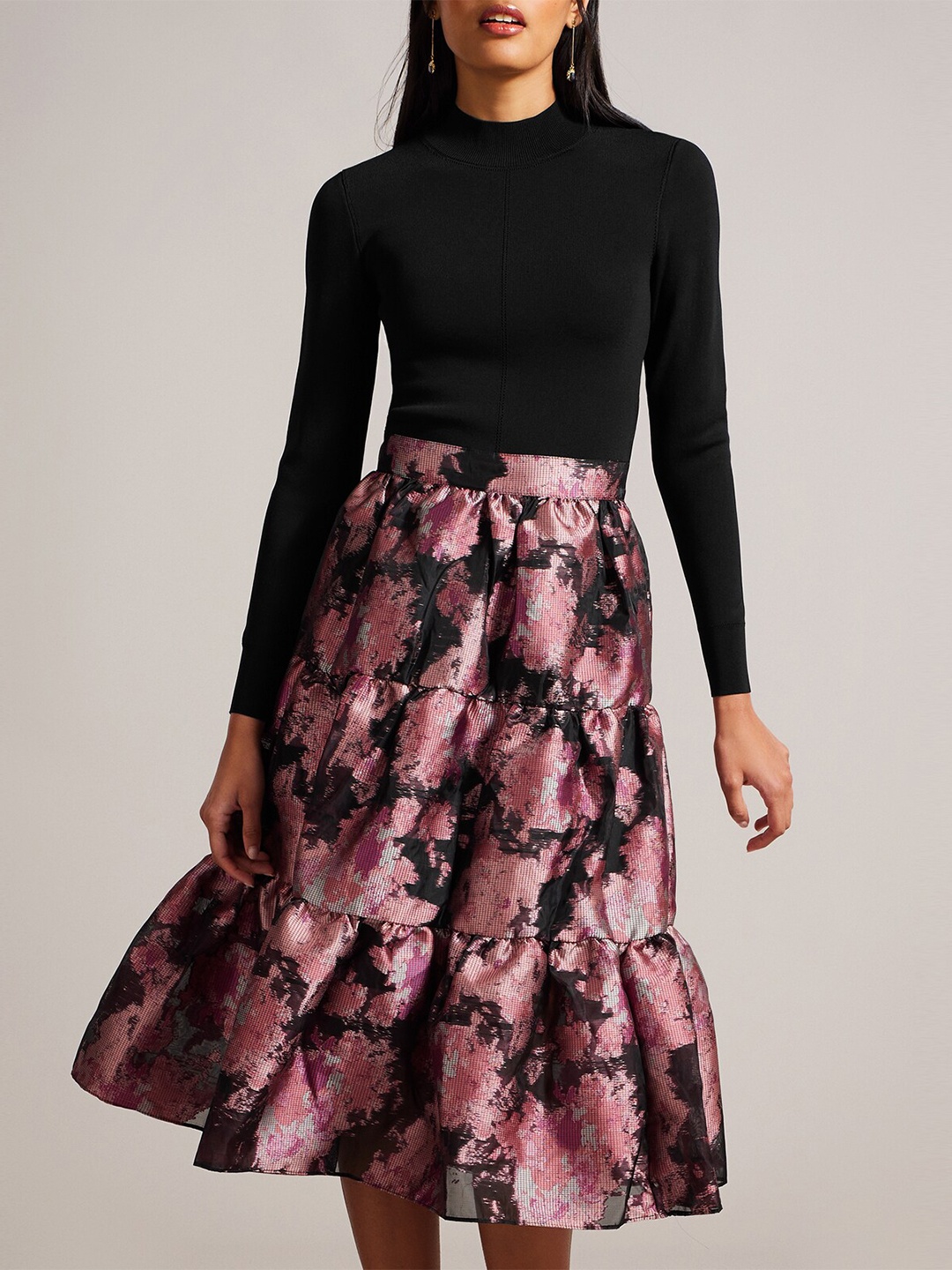 

Ted Baker Floral Printed Gathered Tiered Fit & Flare Midi Dress, Black