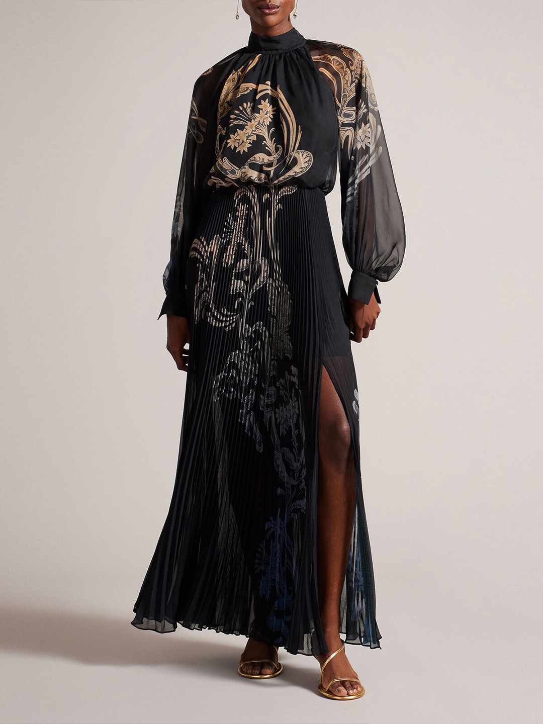 

Ted Baker Floral Printed Accordion Pleated Bishop Sleeves Maxi Dress, Blue