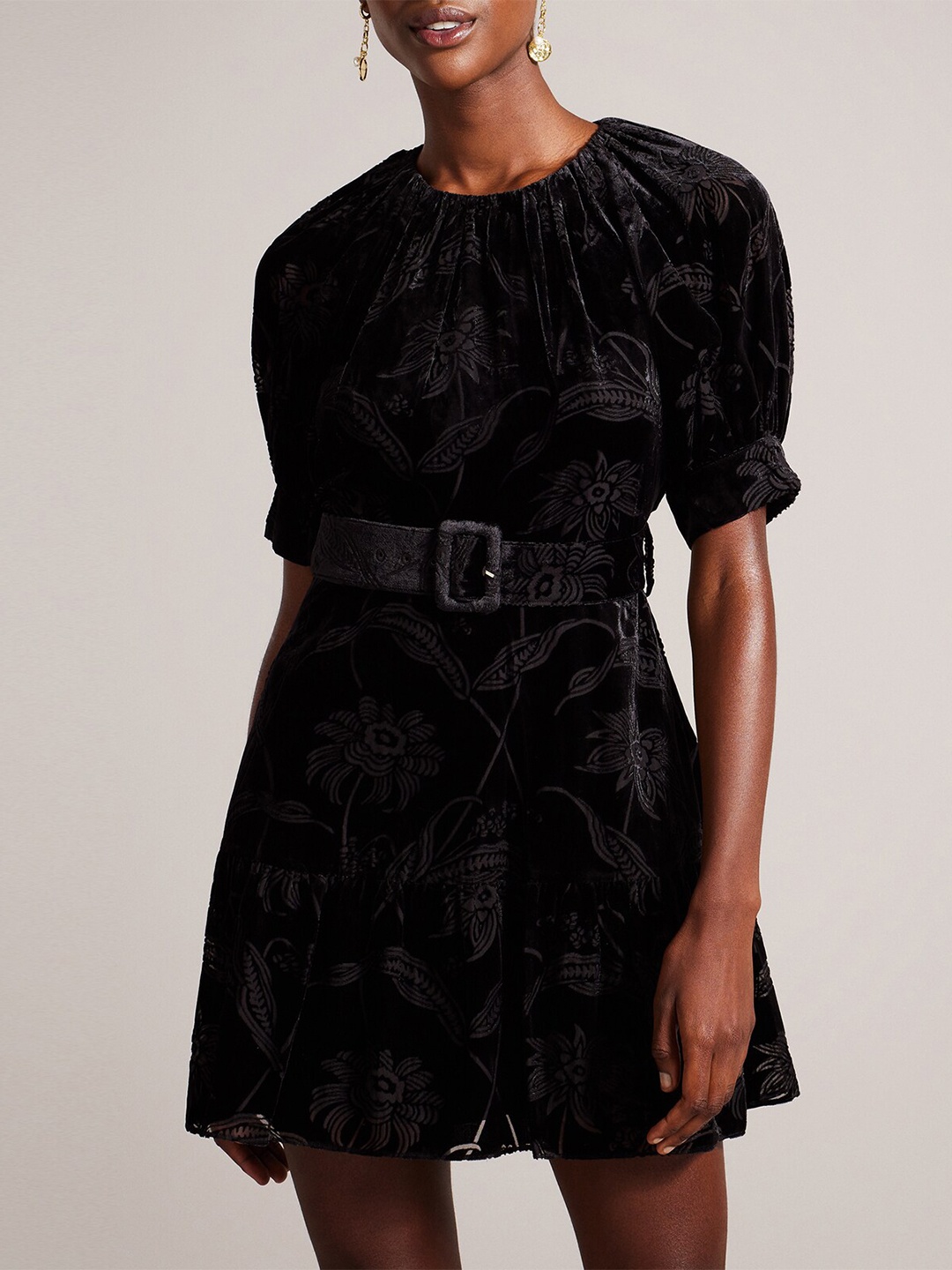 

Ted Baker Self Design Puff Sleeves Fit & Flare Mini Dress, Black