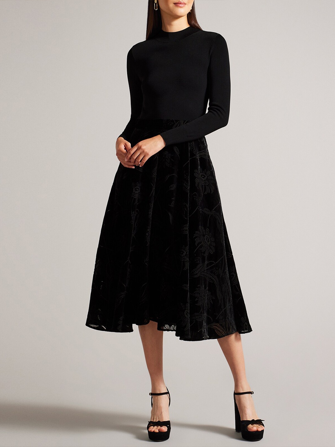 

Ted Baker Self Design Long Sleeves A-Line Midi Dress, Black