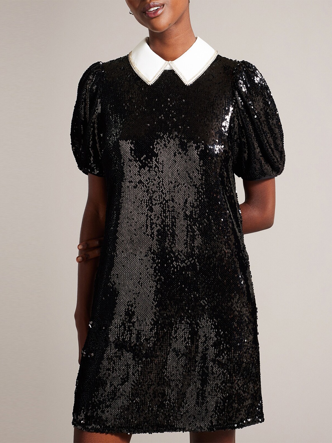 

Ted Baker Sequinned Embellished Puff Sleeves A-Line Mini Dress, Black