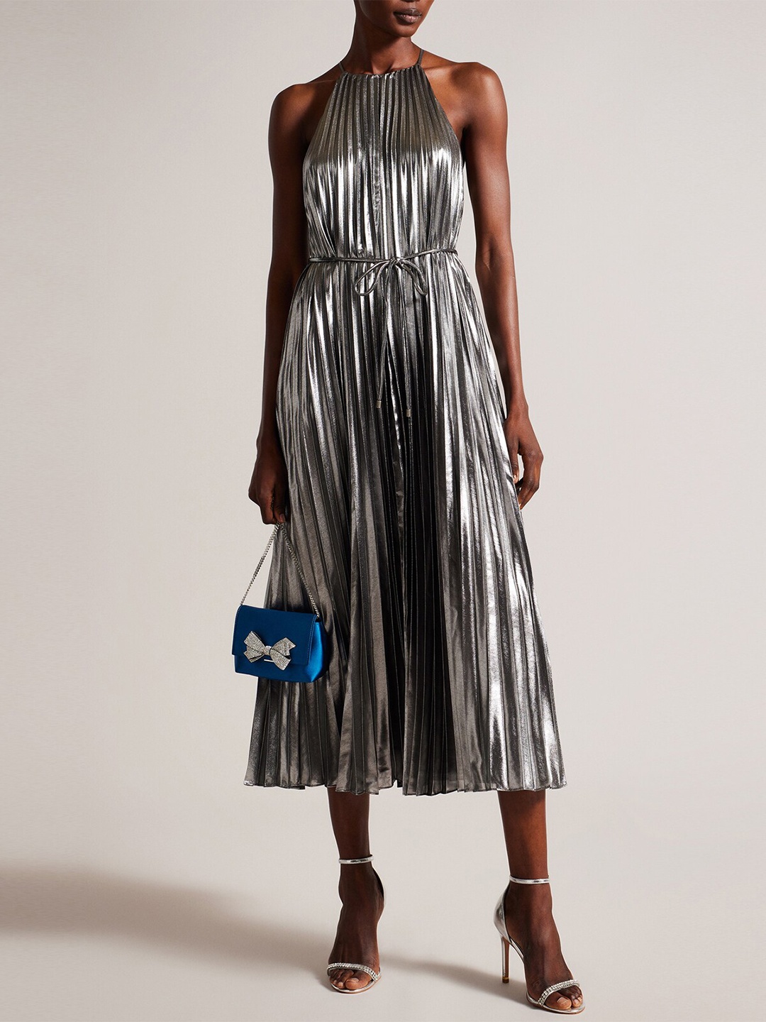 

Ted Baker Embellished Shoulder Straps Accordion Pleated Fit & Flare Midi Dress, Silver