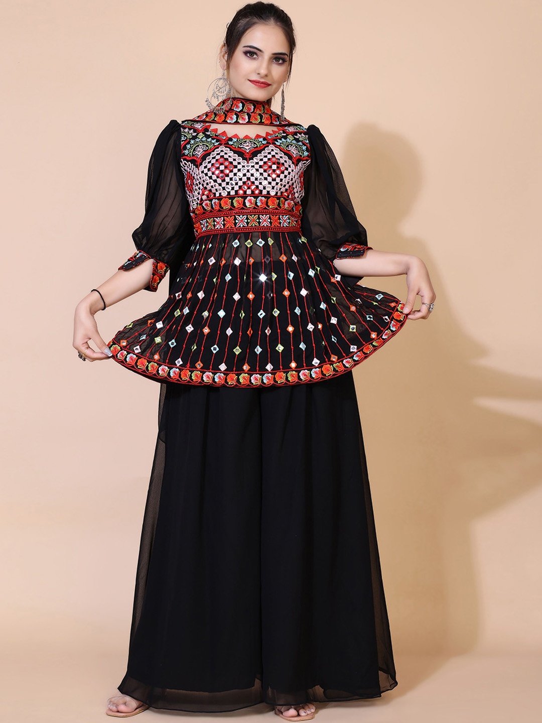 

KALINI Ethnic Motifs Embroidered Mirror Work Kurti With Palazzos & Dupatta, Black