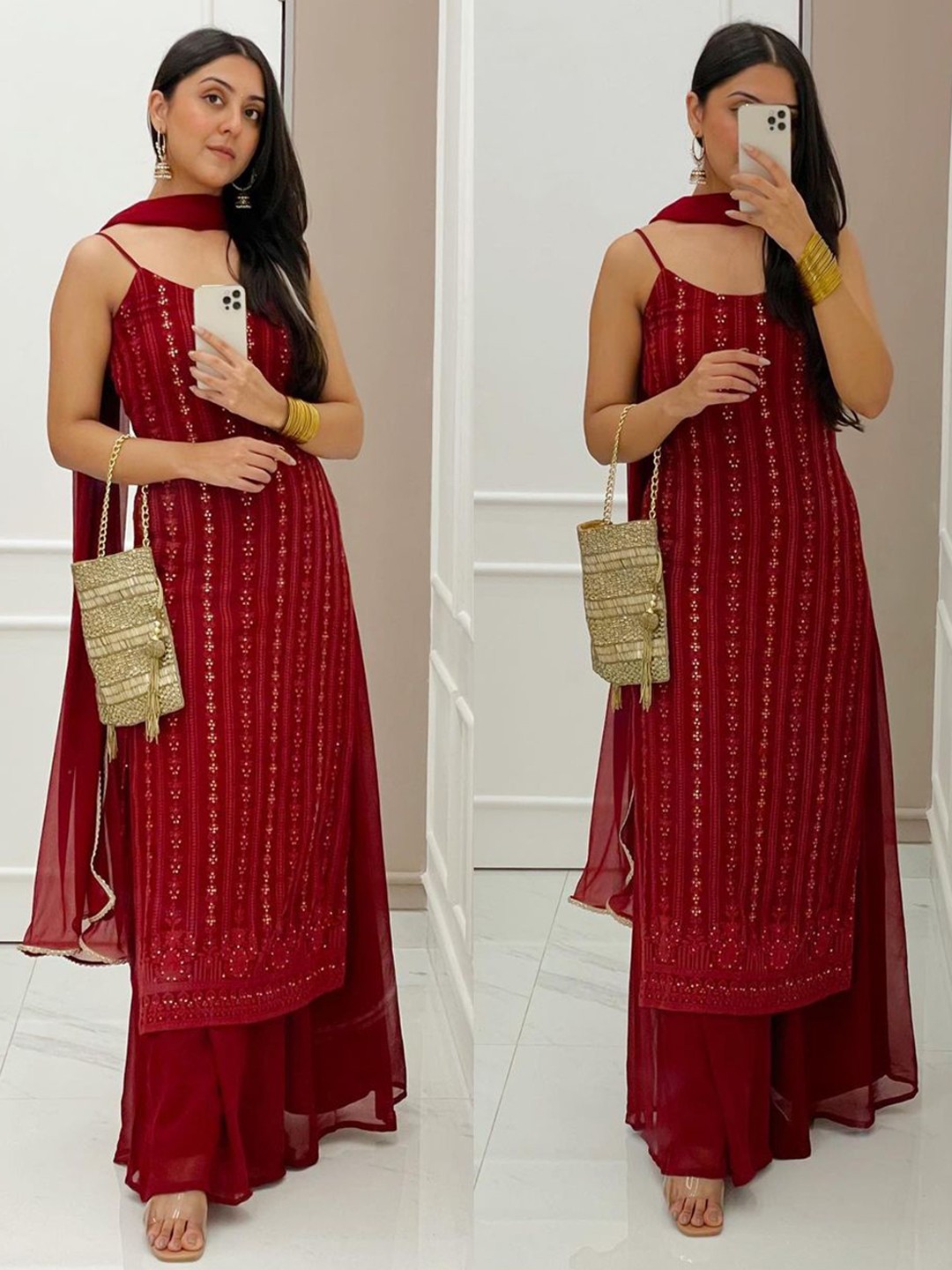 

KALINI Floral Embroidered Sequinned Straight Kurta & Palazzos With Dupatta, Maroon