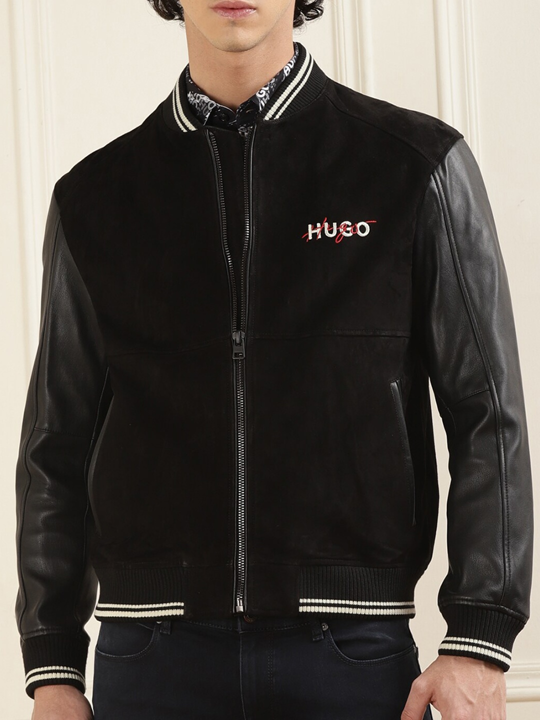 

HUGO Mock Collar Leather Bomber Jacket, Black