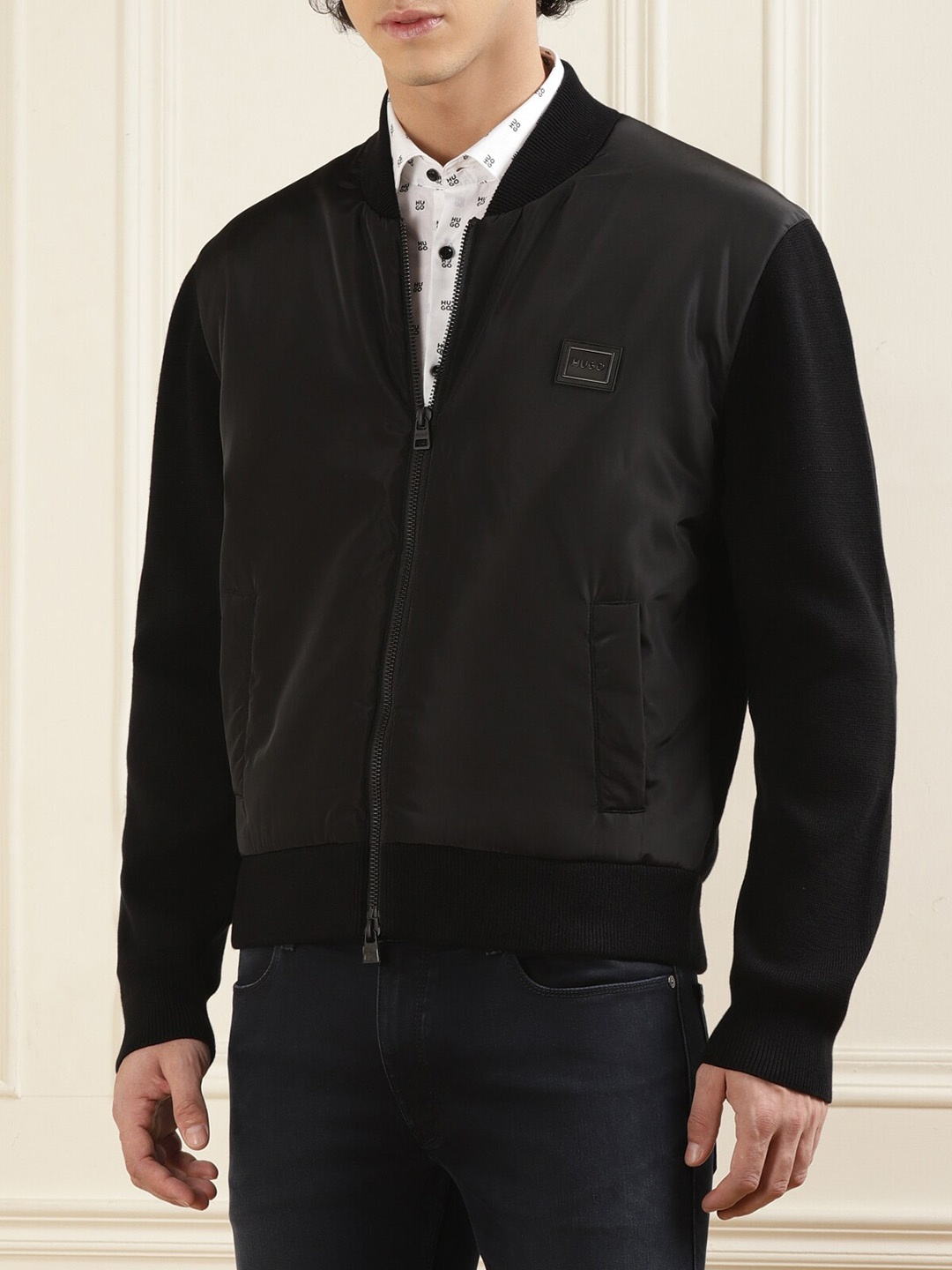 

HUGO Mock Collar Pure Cotton Bomber Jacket, Black