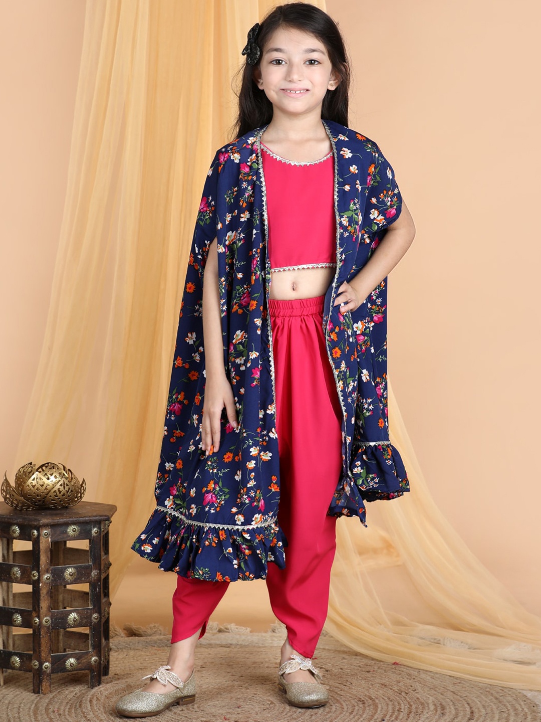 

Cutiekins Girls Round Neck Gotta Patti Detailed Top & Dhoti Pant With Jacket, Magenta