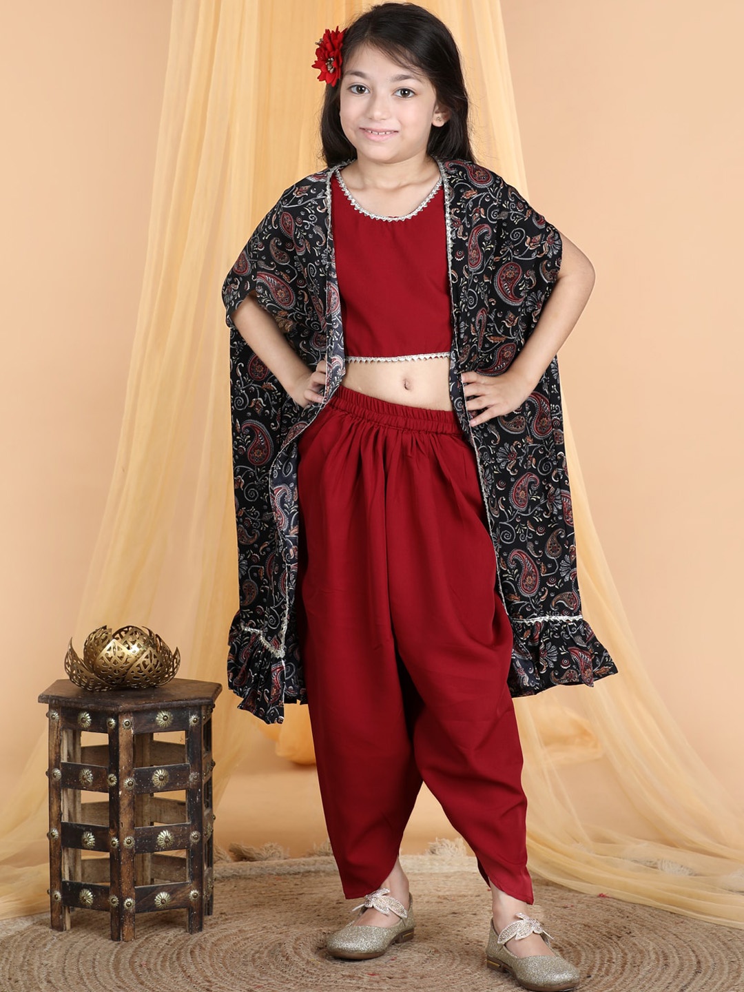 

Cutiekins Girls Round Neck Gotta Patti Detailed Top & Dhoti Pant With Jacket, Maroon