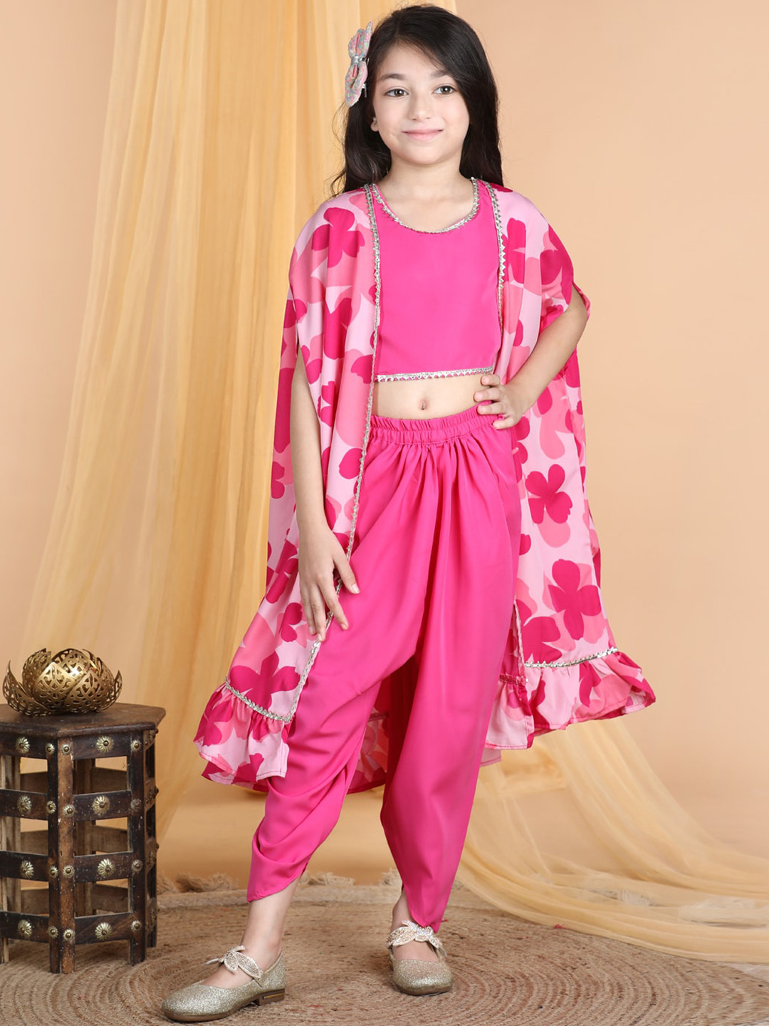 

Cutiekins Girls Round Neck Gotta Patti Detailed Top & Dhoti Pant With Jacket, Pink