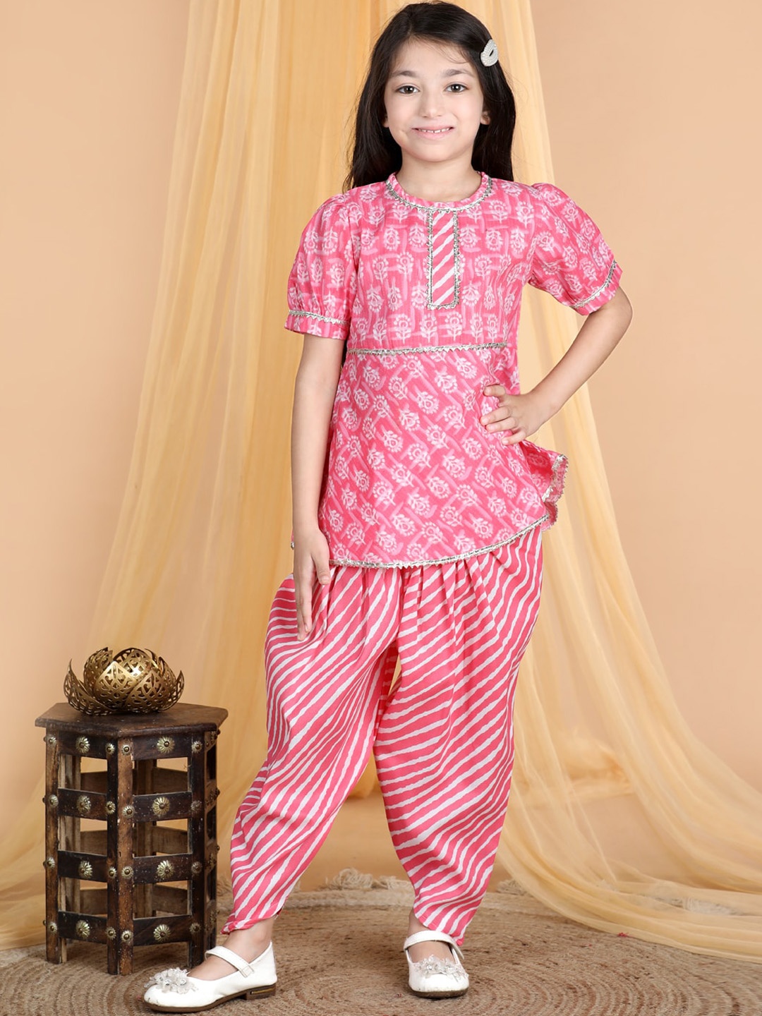 

Cutiekins Girls Ethnic Motifs Printed Regular Gotta Patti Kurta with Dhoti Pants, Pink