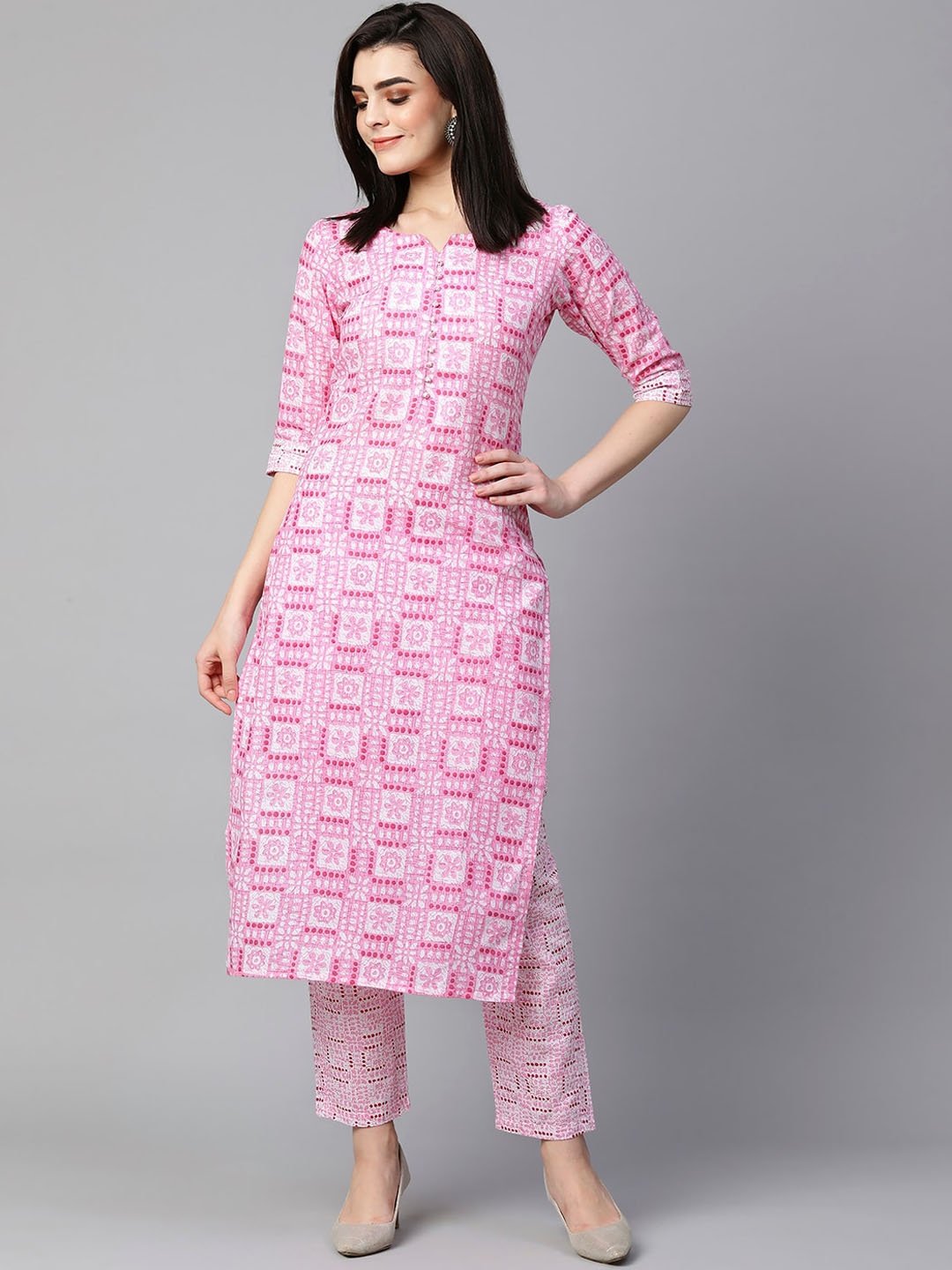 

KALINI Ethnic Motifs Printed Notched Neck Kurta with Trousers, Pink