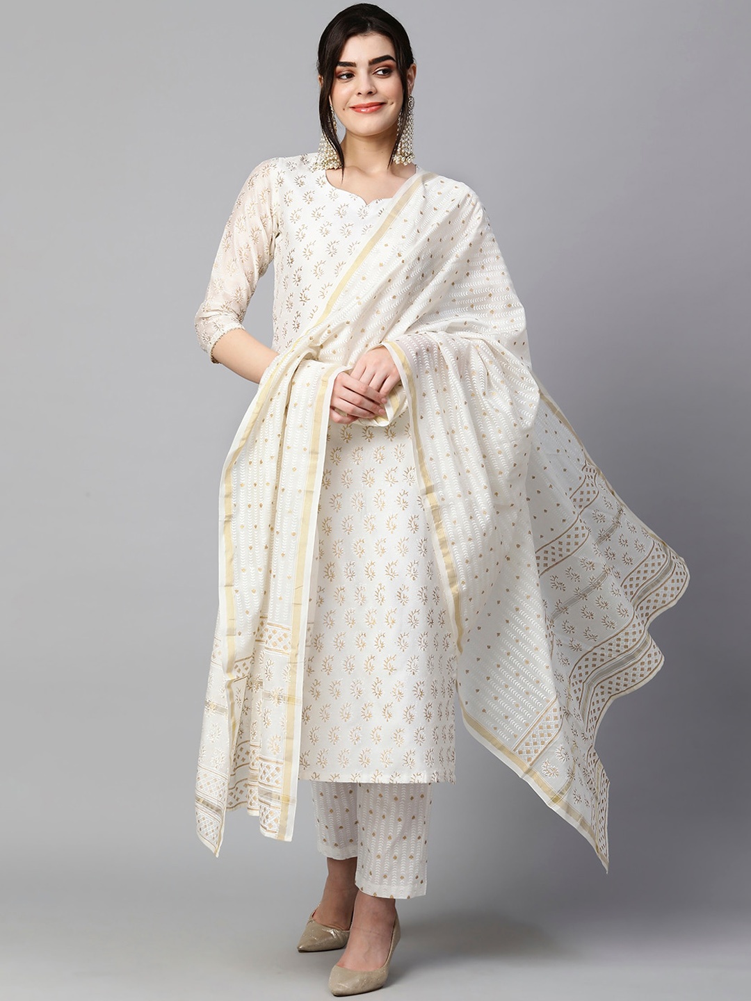 

KALINI Ethnic Motifs Printed Kurta & Trousers With Dupatta, Cream