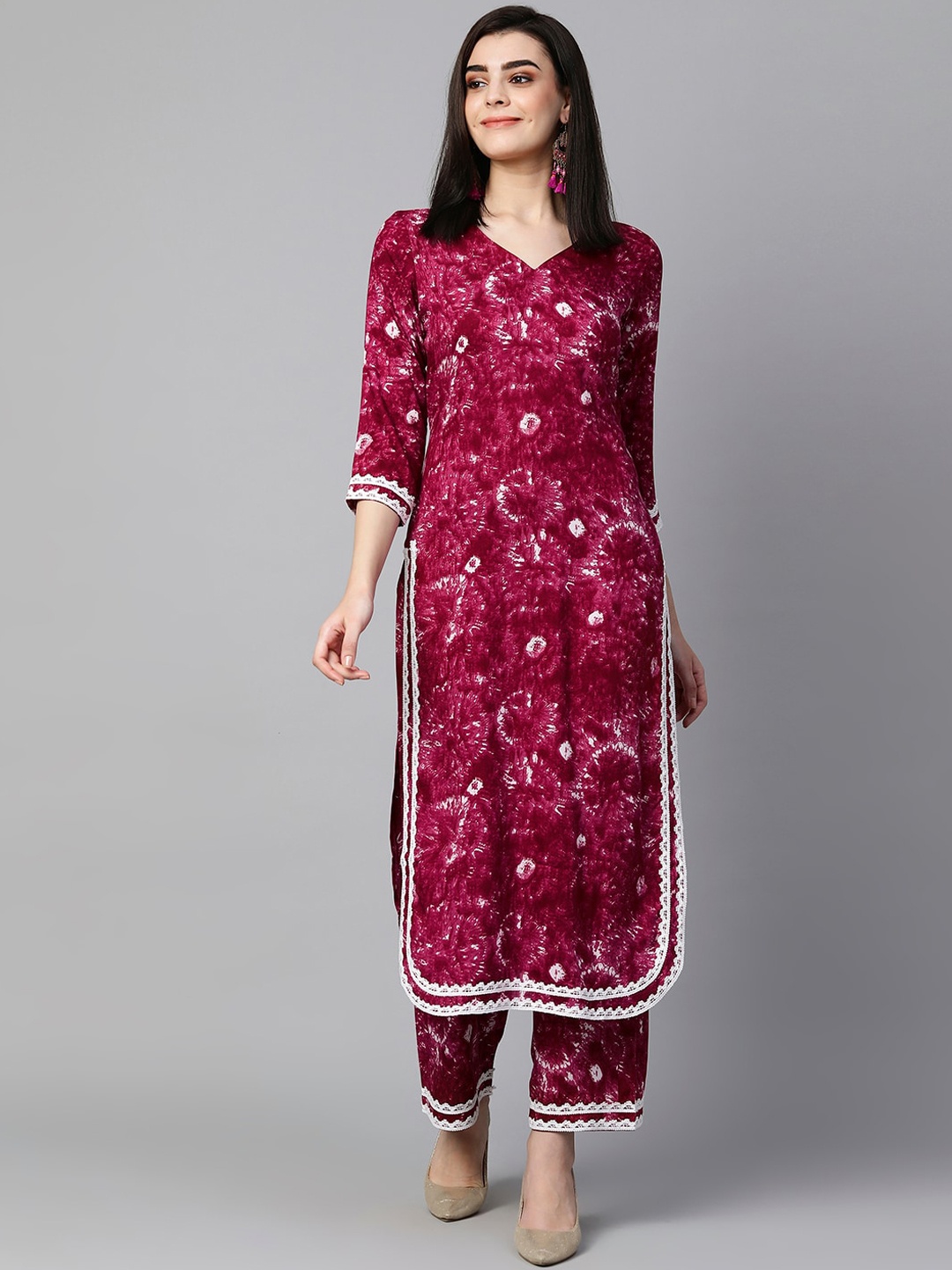 

KALINI Abstract Printed Thread Work Kurta With Trousers, Magenta