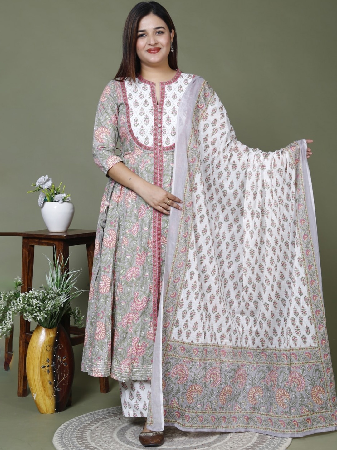 

Swasti Floral Printed Pure Cotton Sequinned Kurta With Trousers & Dupatta, Grey