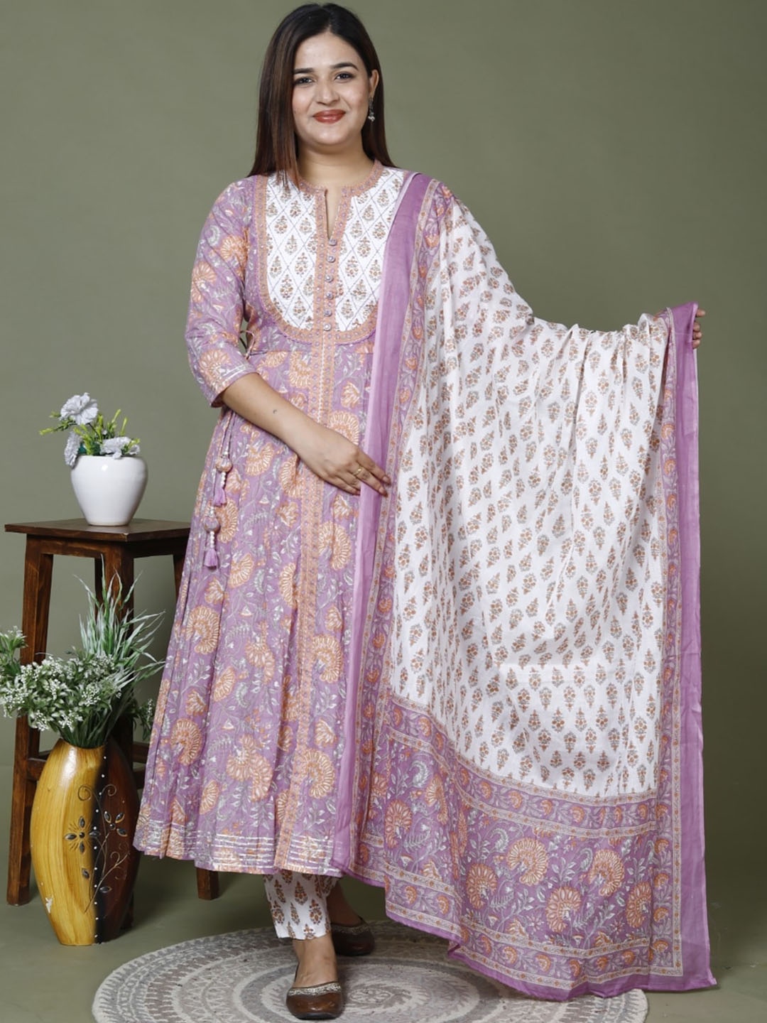 

Swasti Floral Printed Pure Cotton Sequinned Kurta With Trousers & Dupatta, Purple