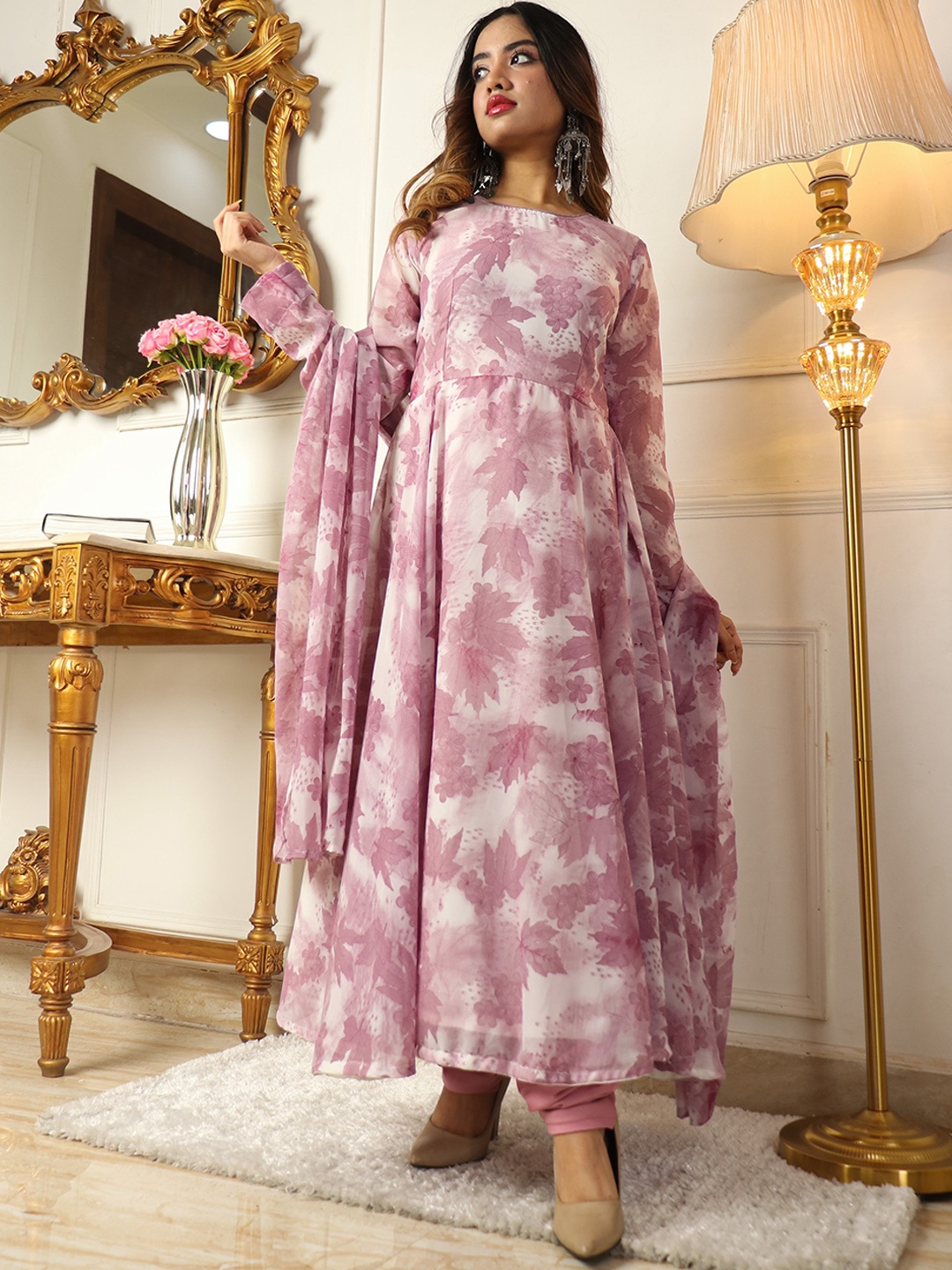 KALINI Floral Printed Anarkali Kurta With Churidar & Dupatta, Pink