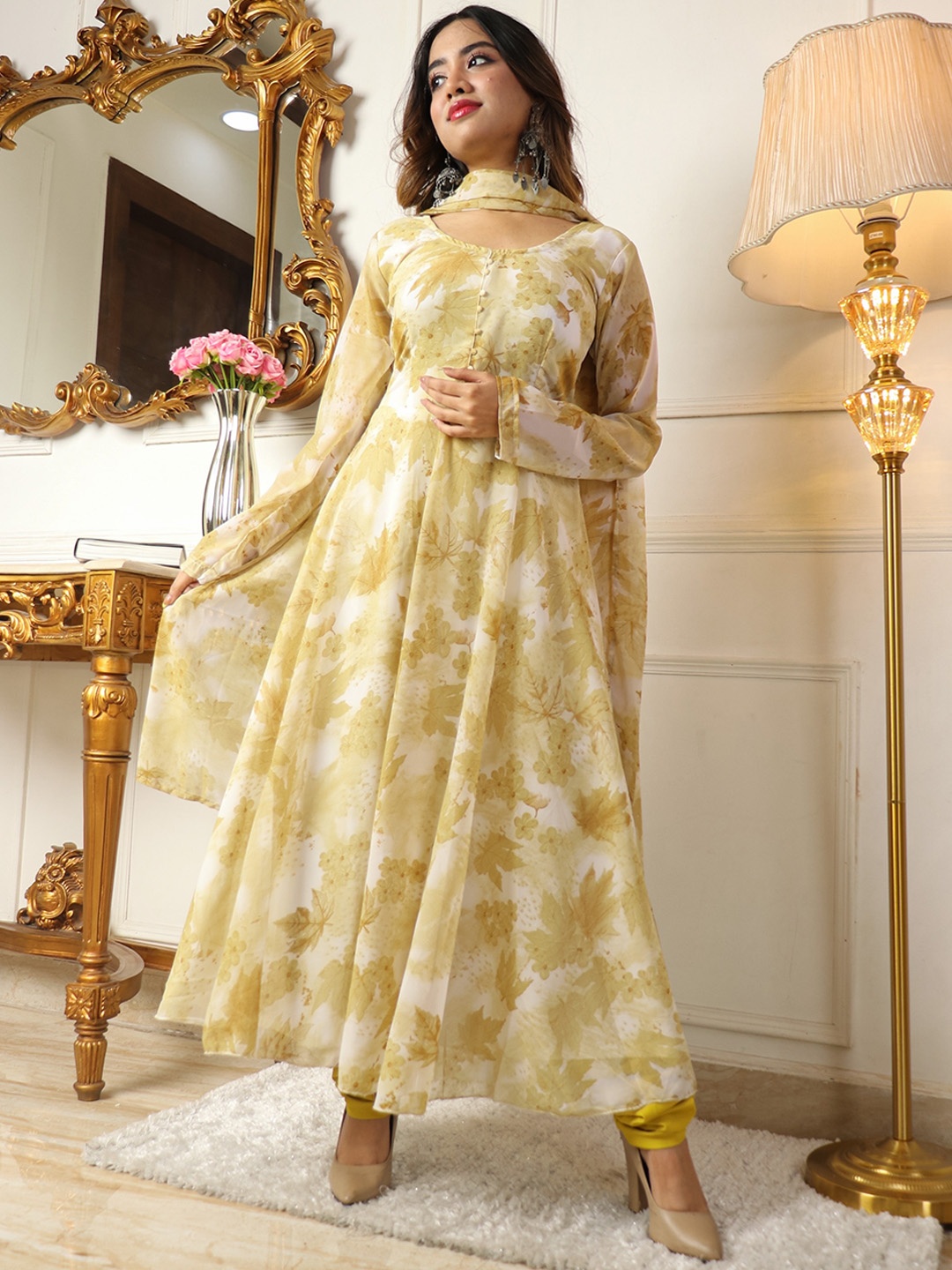 KALINI Floral Printed Regular Kurta With Churidar & Dupatta, Brown