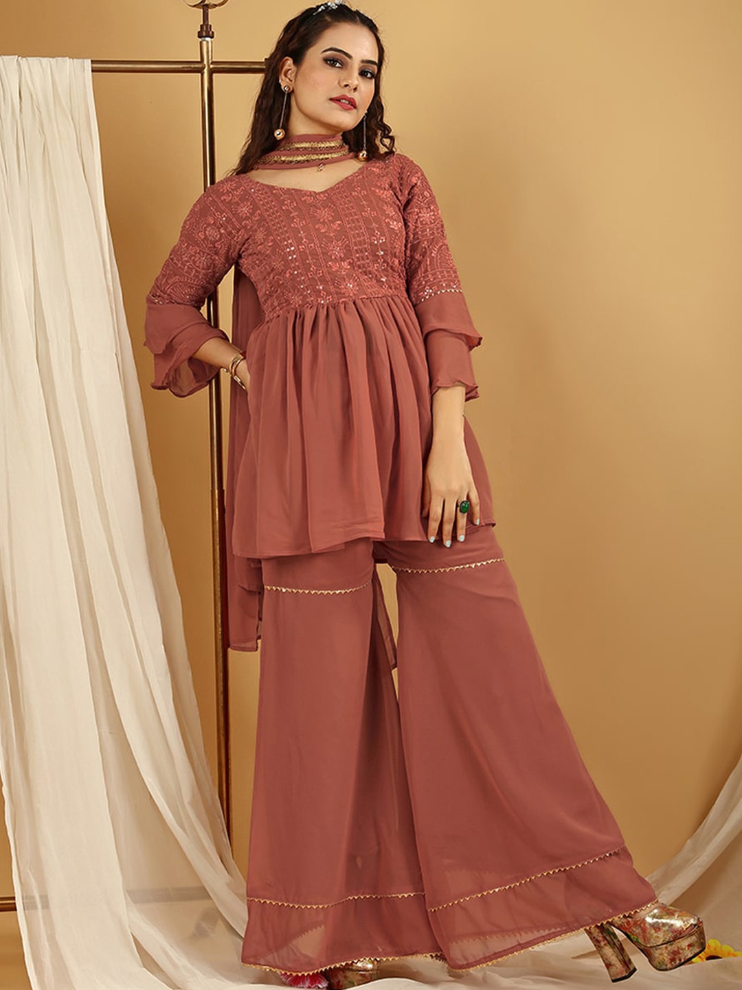 KALINI Ethnic Motifs Embroidered Regular Kurti With Sharara & Dupatta, Rust