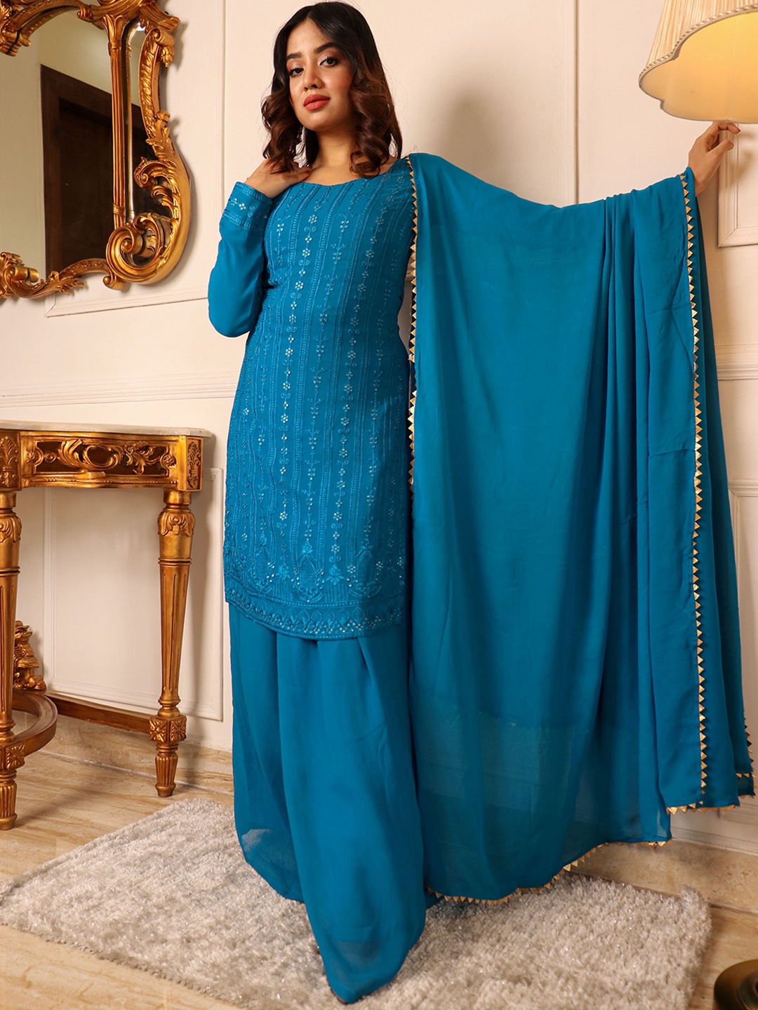 

KALINI Embroidered Mirror Work Silk Georgette Kurta with Palazzos & Dupatta, Blue