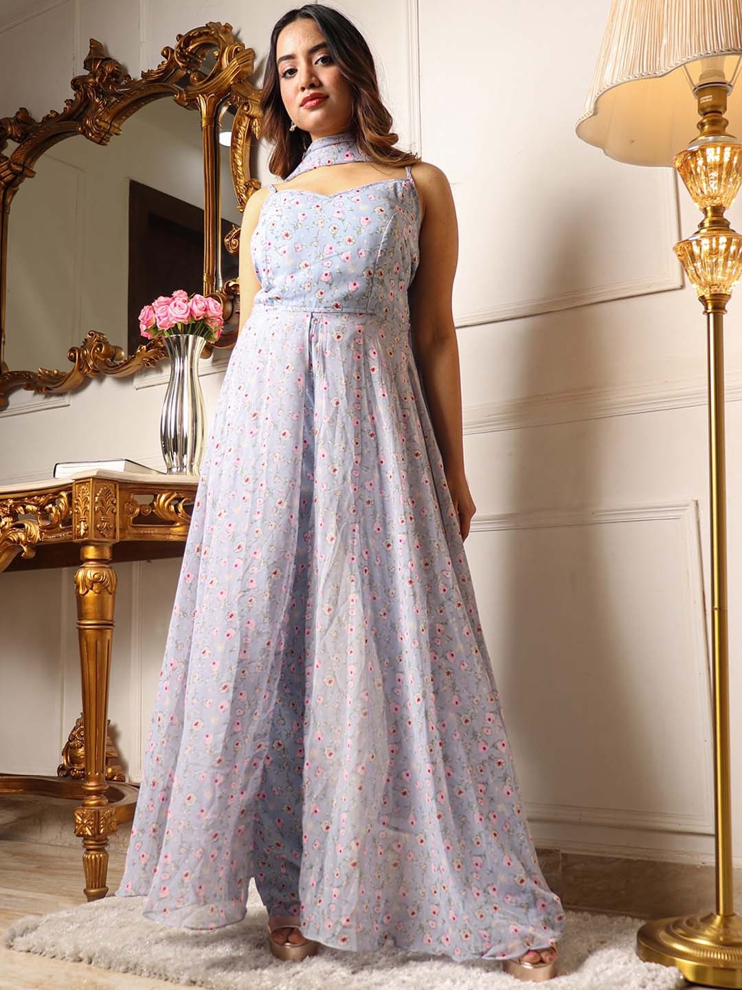 

KALINI Floral Printed High Slit A-Line Kurta with Trousers & Dupatta, Lavender