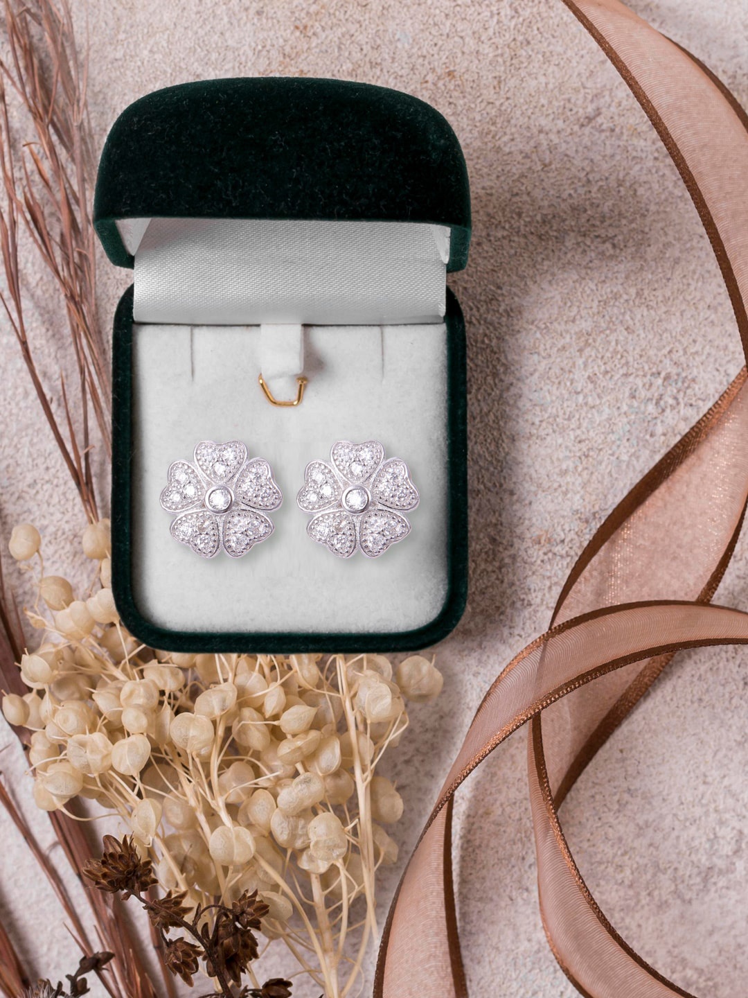 

Abhooshan 925 Sterling Silver CZ-Studded Floral Shaped Studs Earrings