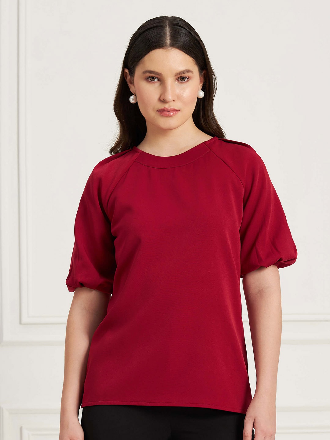 

SALT ATTIRE Round Neck Puff Sleeve Top, Maroon
