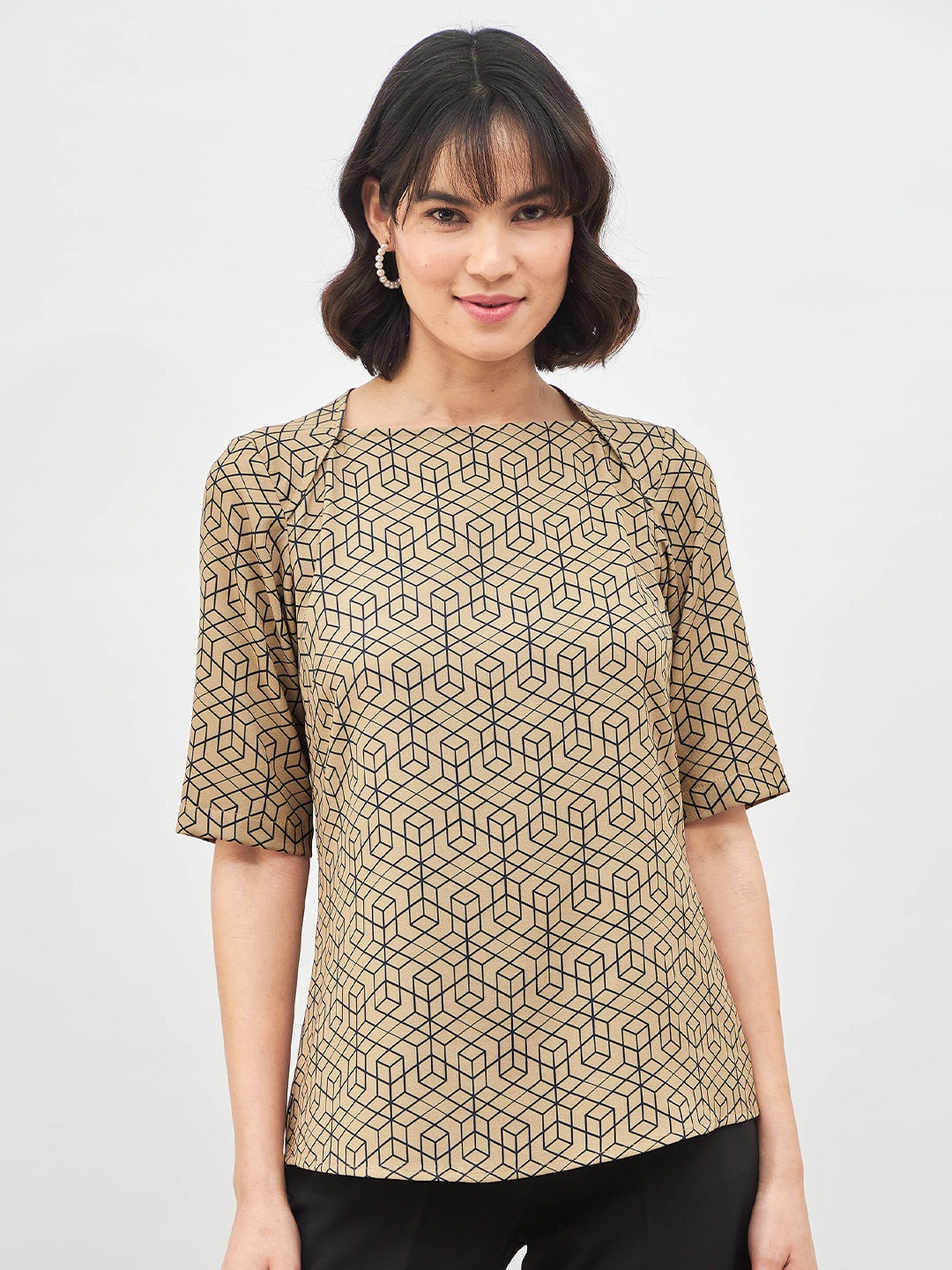 

SALT ATTIRE Geometric Printed Square Neck Top, Beige