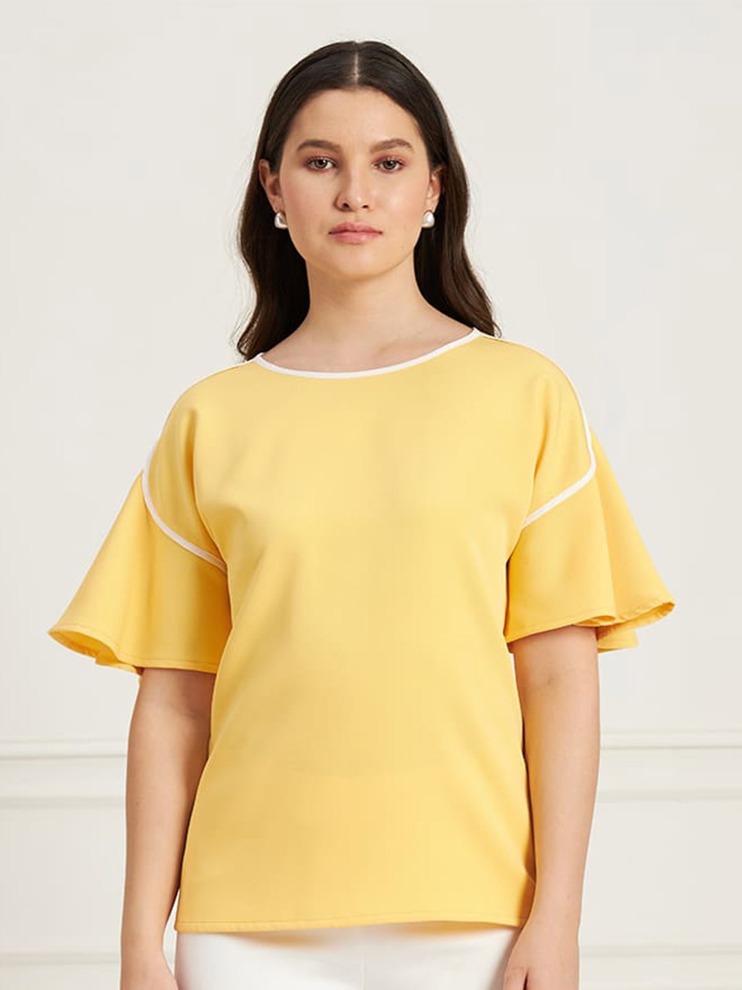 

SALT ATTIRE Round Neck Bell Sleeve Top, Yellow