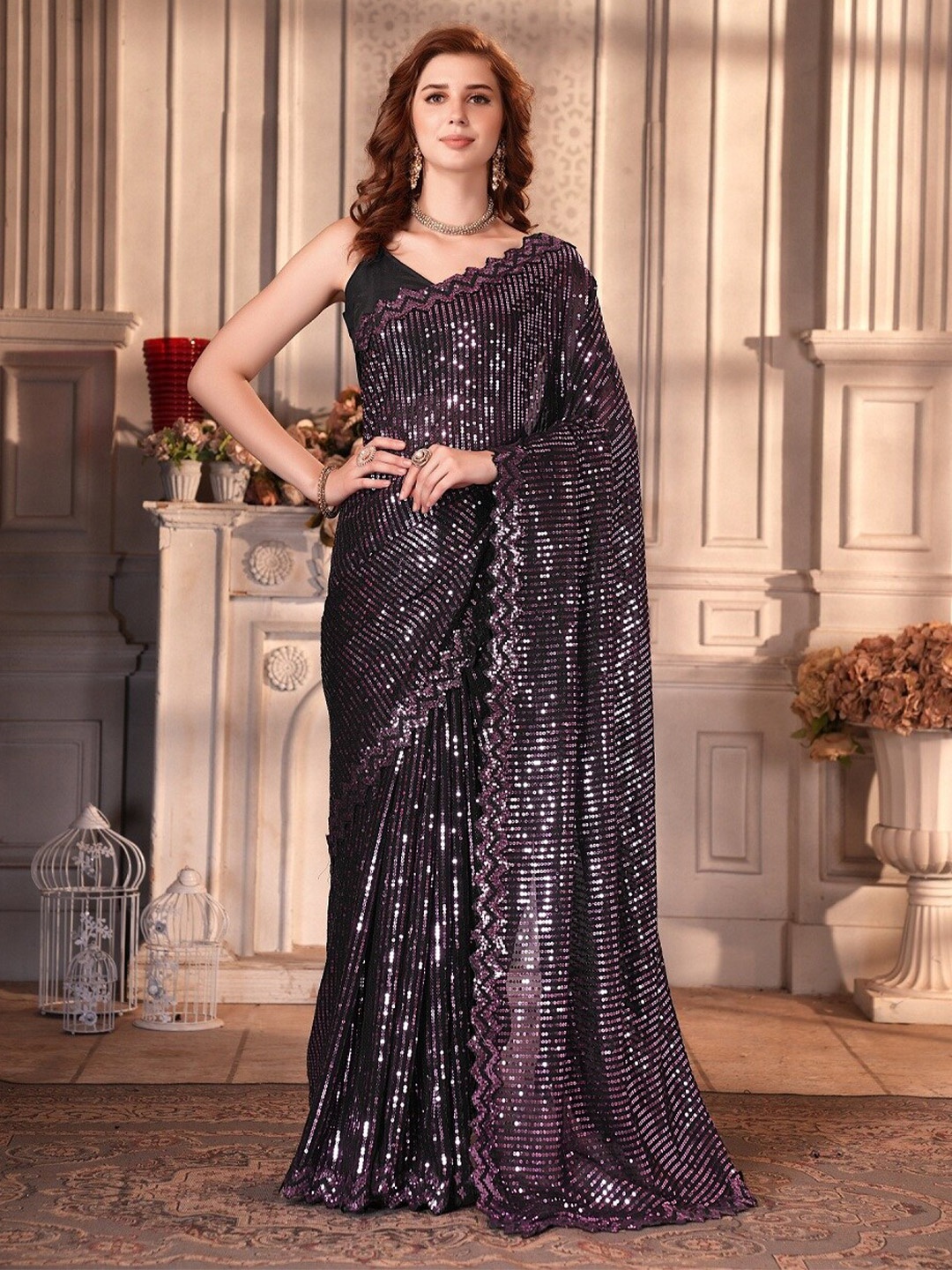 

APNISHA Embellished Sequinned Pure Georgette Saree, Purple