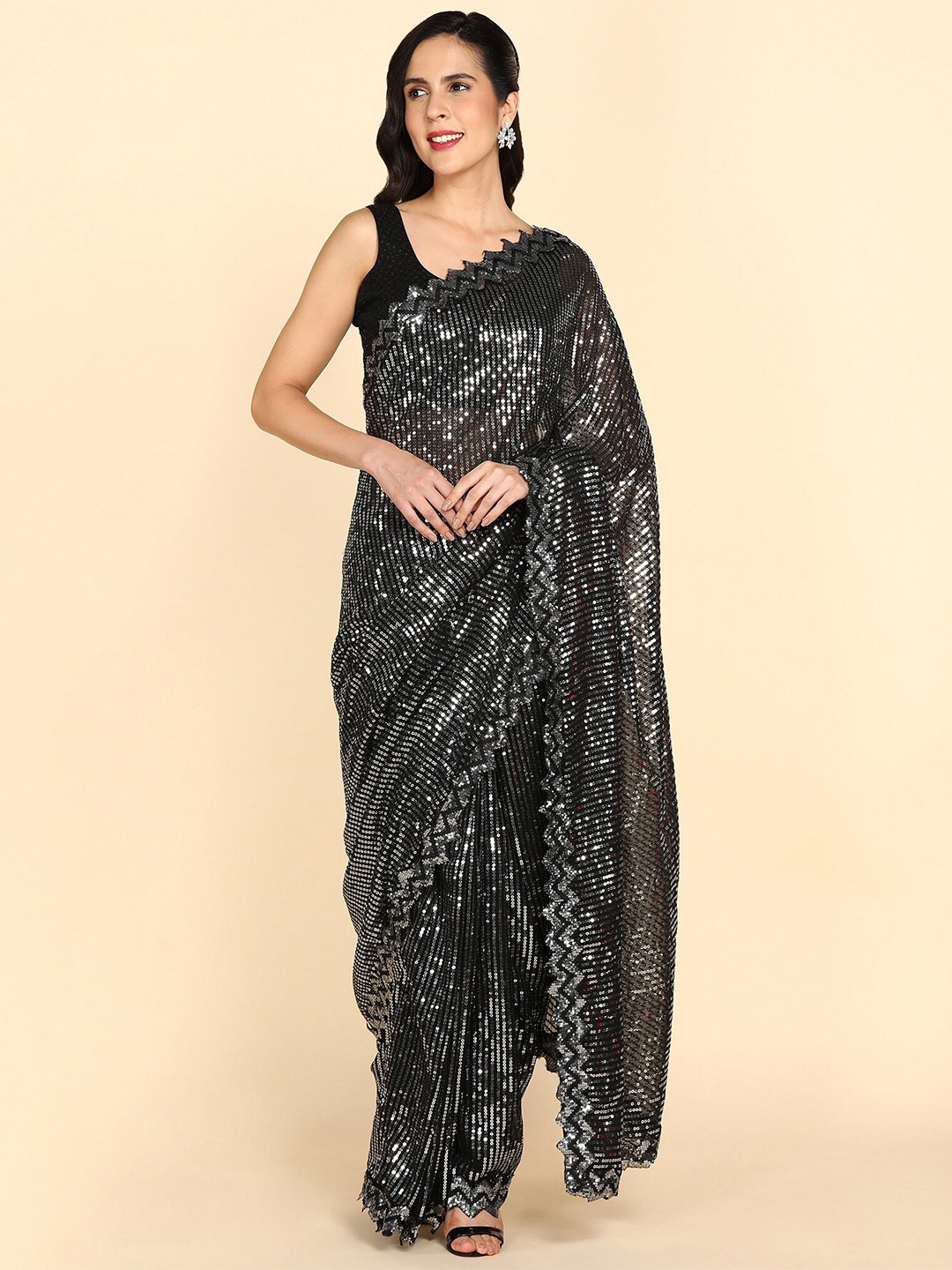 

APNISHA Embellished Sequinned Pure Georgette Saree, Black