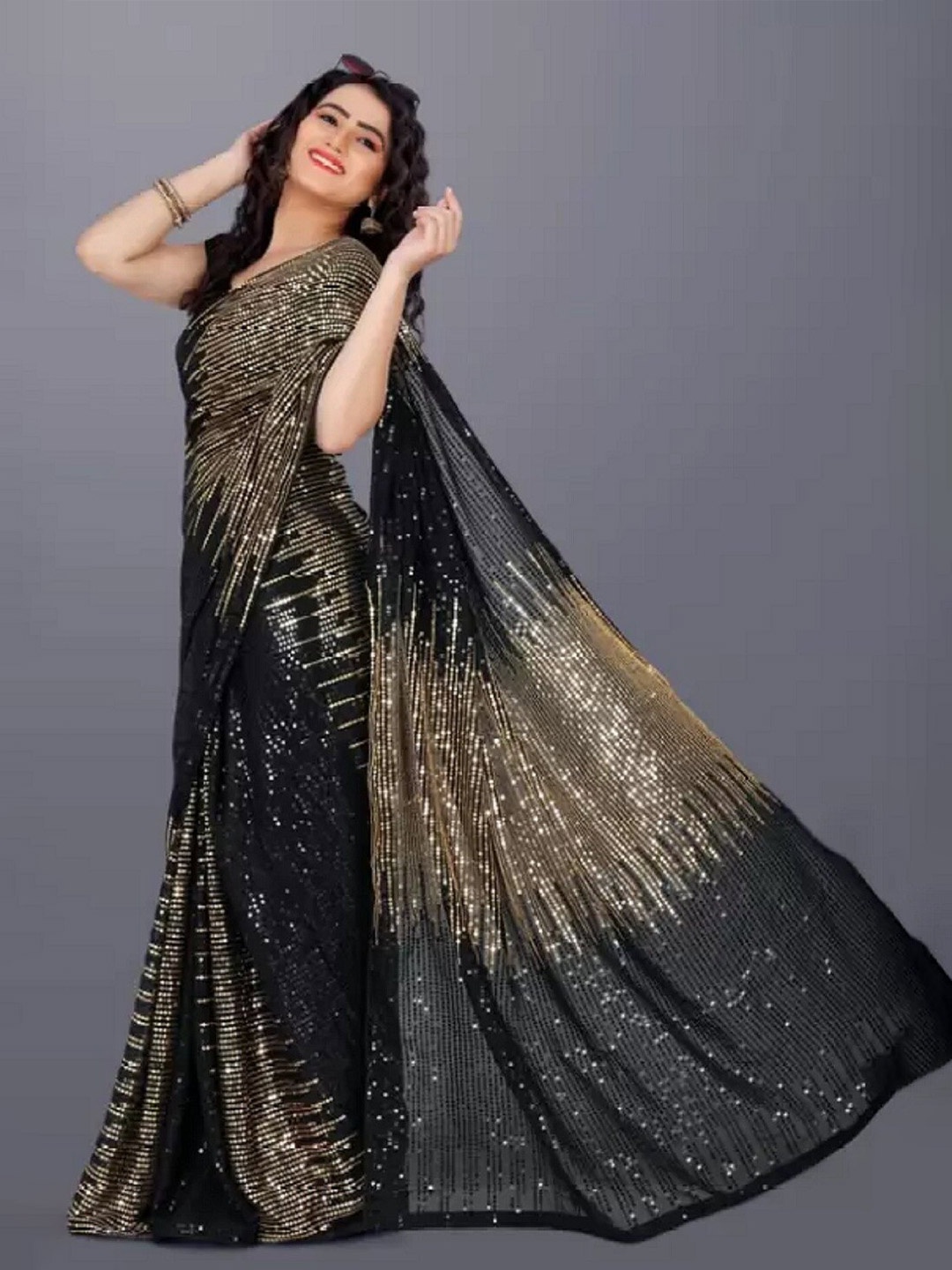 

APNISHA Embellished Sequinned Pure Georgette Saree, Brown