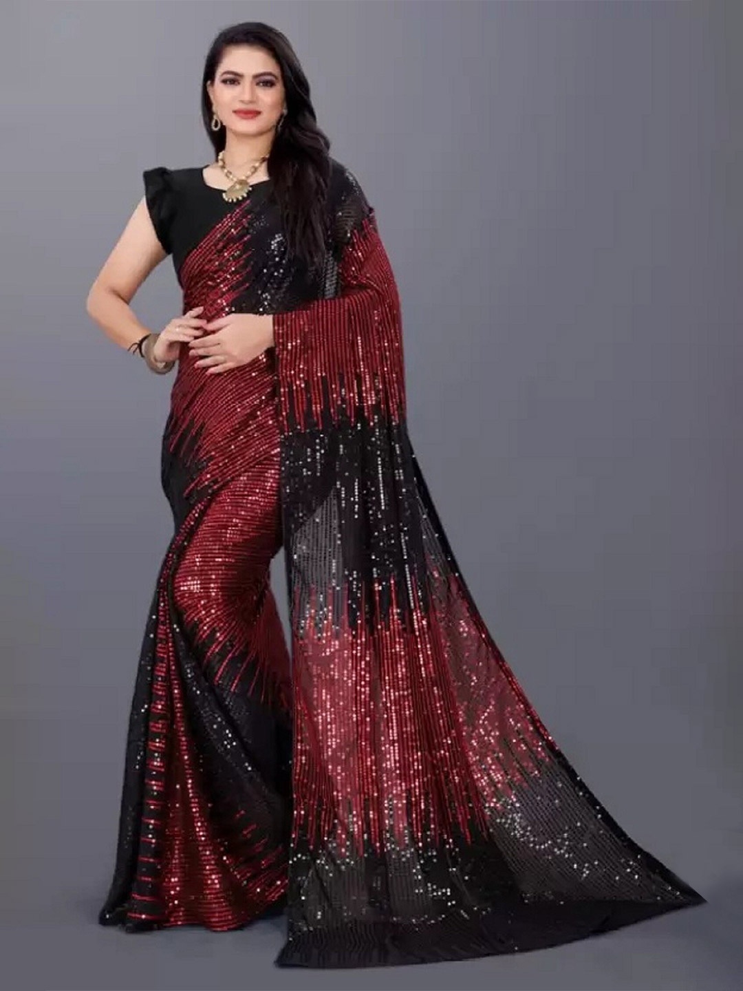 

APNISHA Embellished Sequinned Pure Georgette Saree, Red