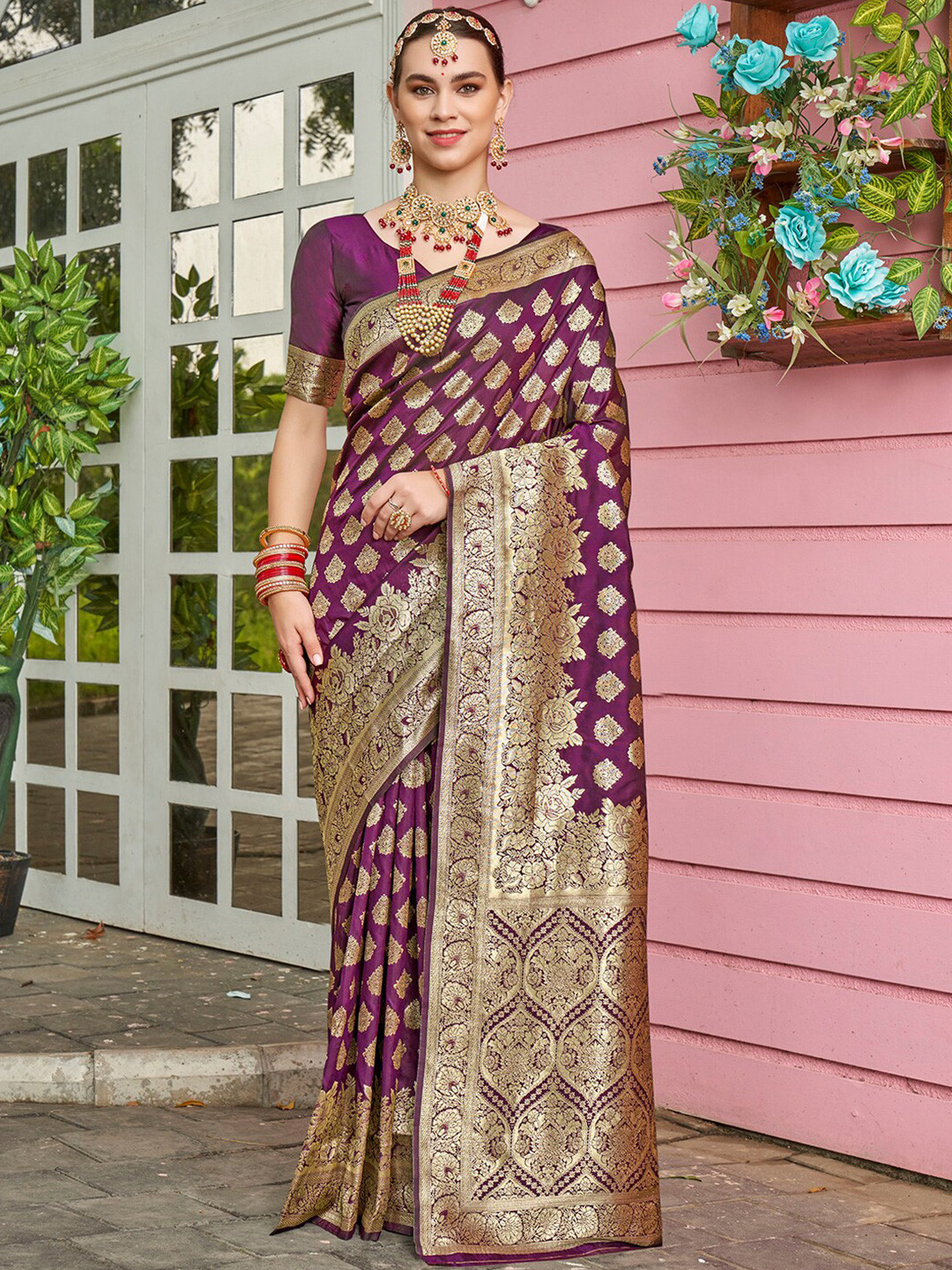 

Anouk Purple Ethnic Motifs Woven Design Zari Art Silk Banarasi Saree