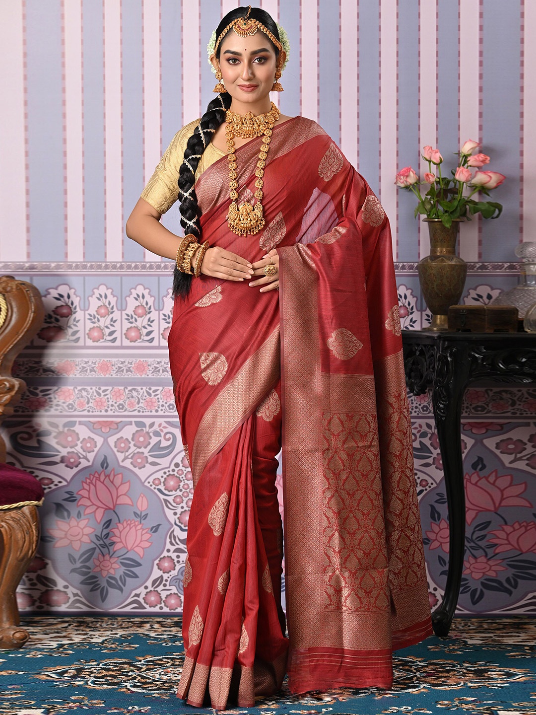 

Anouk Ethnic Motifs Woven Design Zari Saree, Red