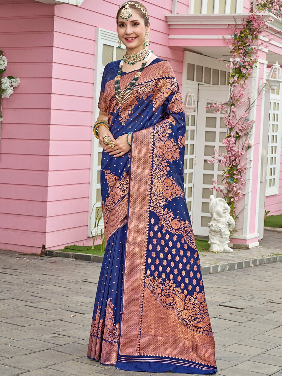 

Anouk Blue & Gold-Toned Ethnic Motifs Woven Design Zari Art Silk Saree