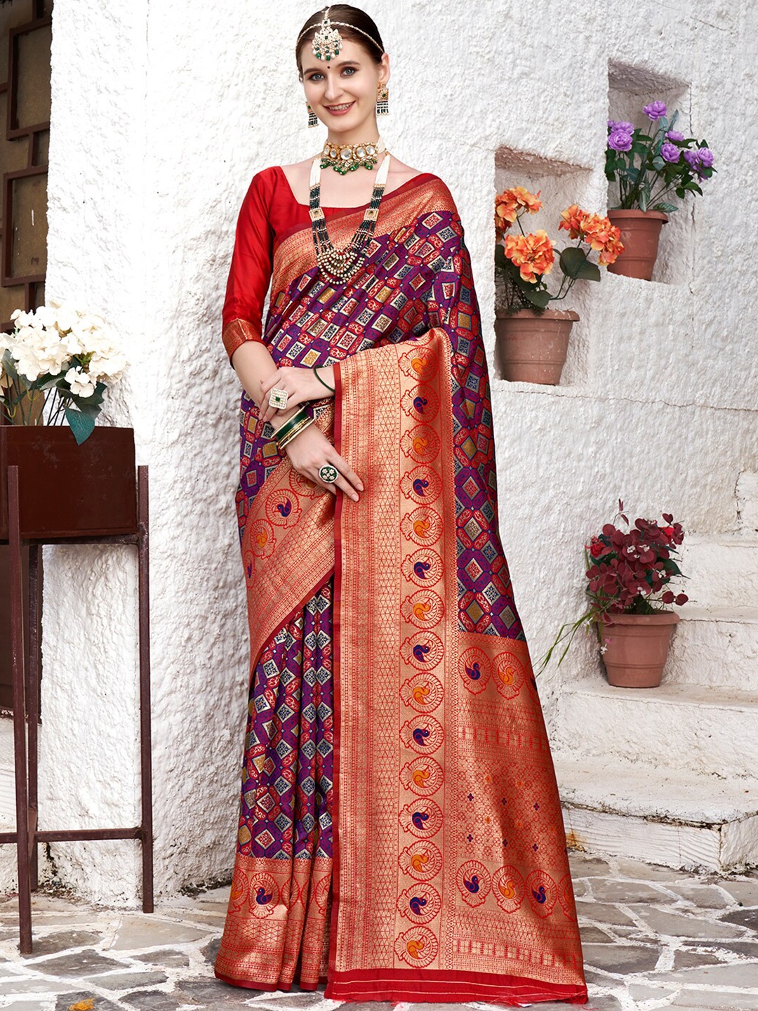 

Anouk Red & Purple Ethnic Motifs Woven Design Zari Art Silk Kanjeevaram Saree
