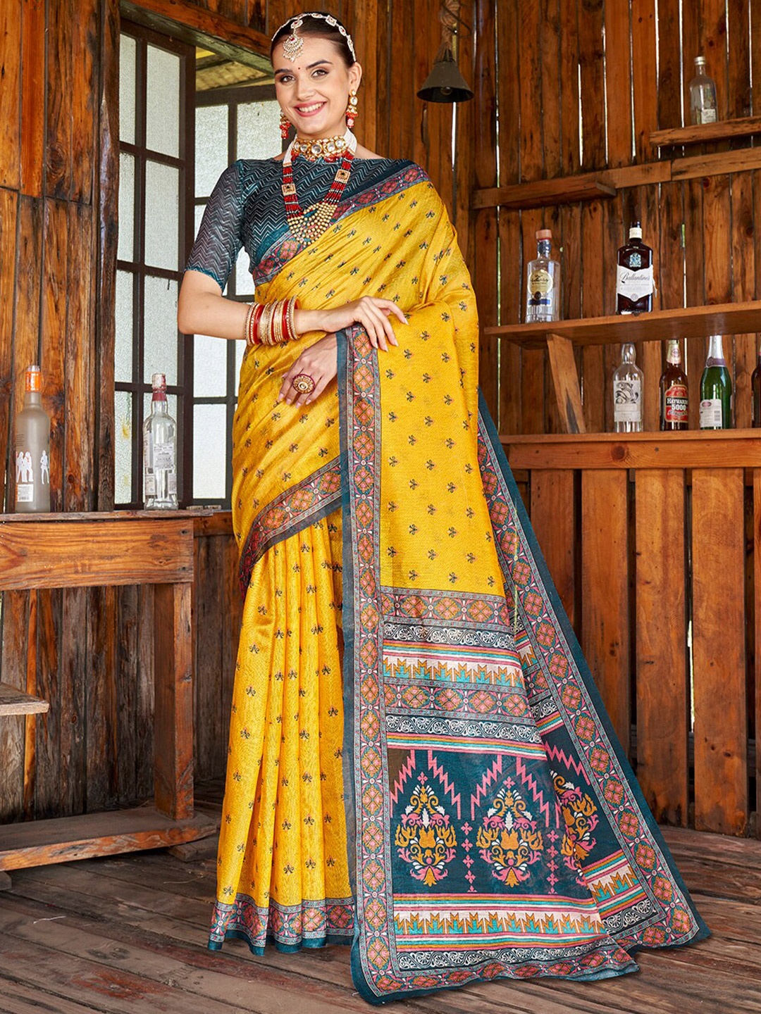 

Anouk Rustic Yellow Ethnic Motifs Printed Art Silk Saree