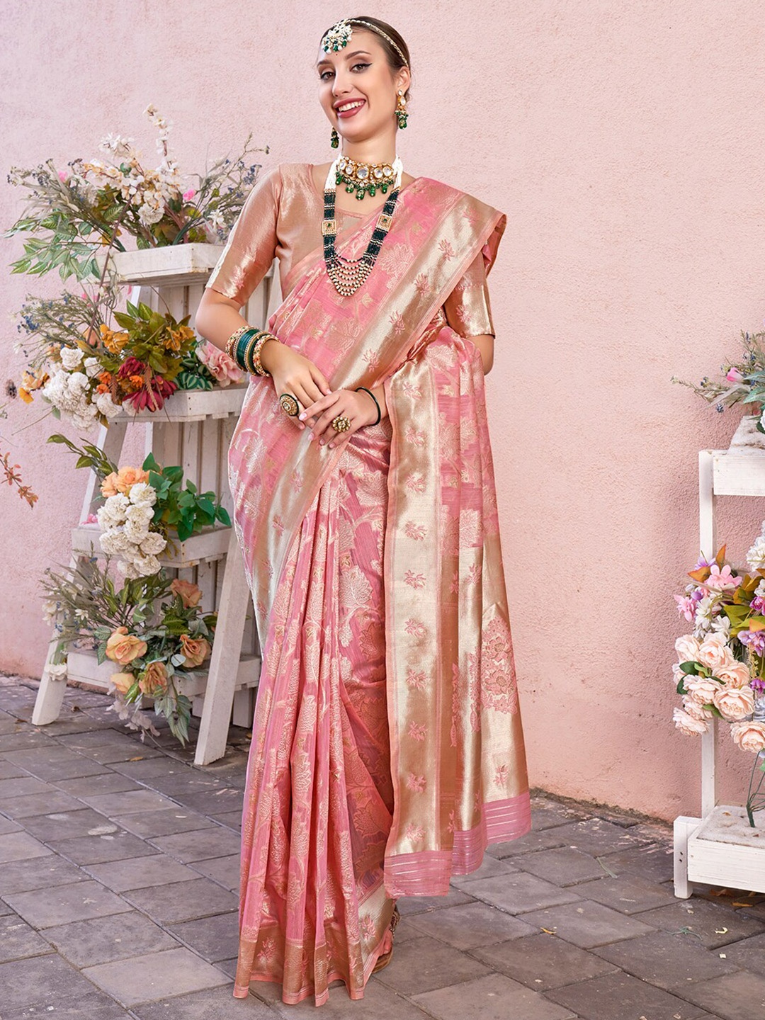 

Anouk Pink & Gold-Toned Ethnic Motifs Woven Design Zari Linen Blend Saree