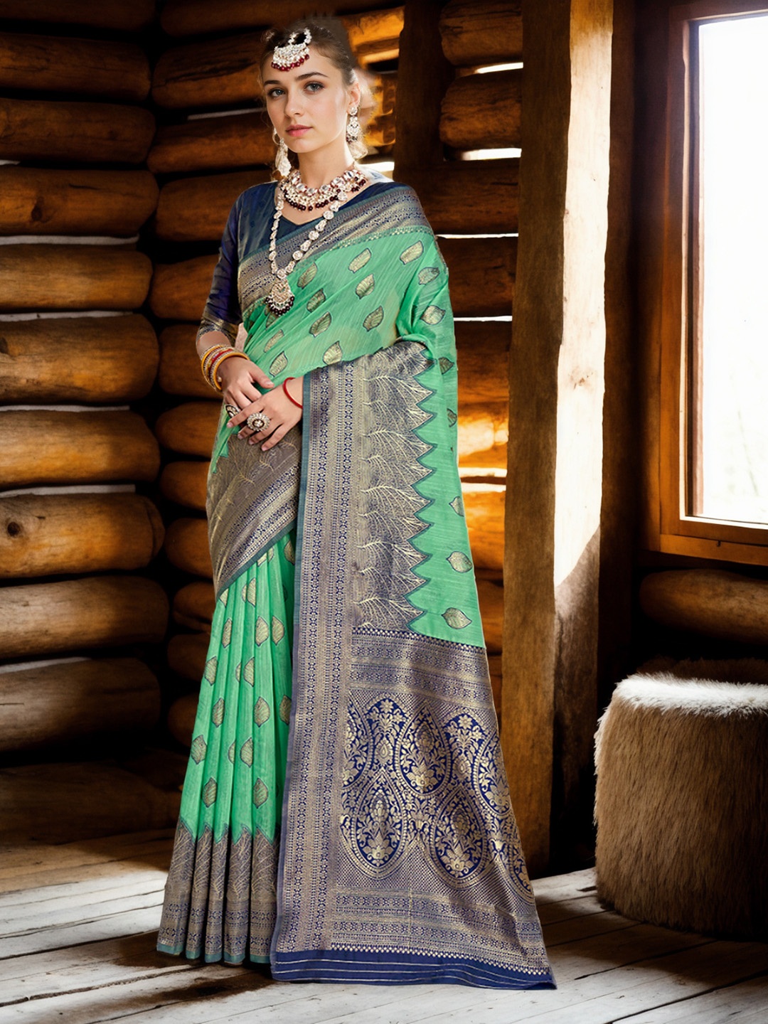 

Anouk Blue Ethnic Motifs Woven Design Zari Saree