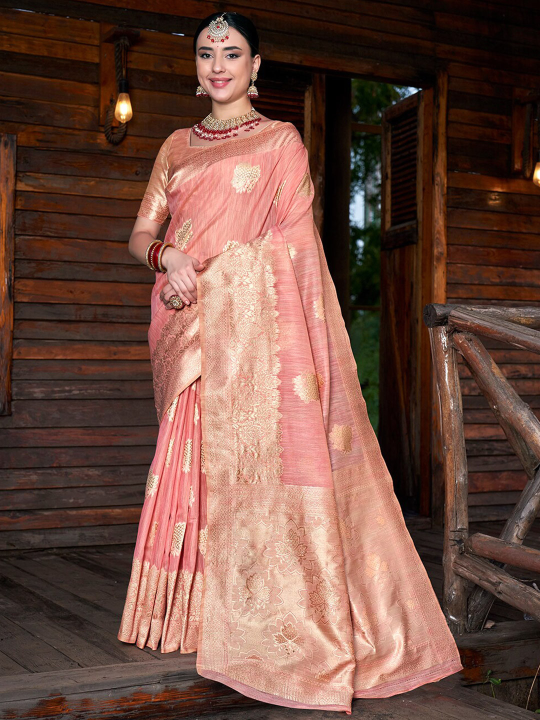 

Anouk Pink & Gold-Toned Ethnic Motifs Woven Design Zari Linen Blend Saree