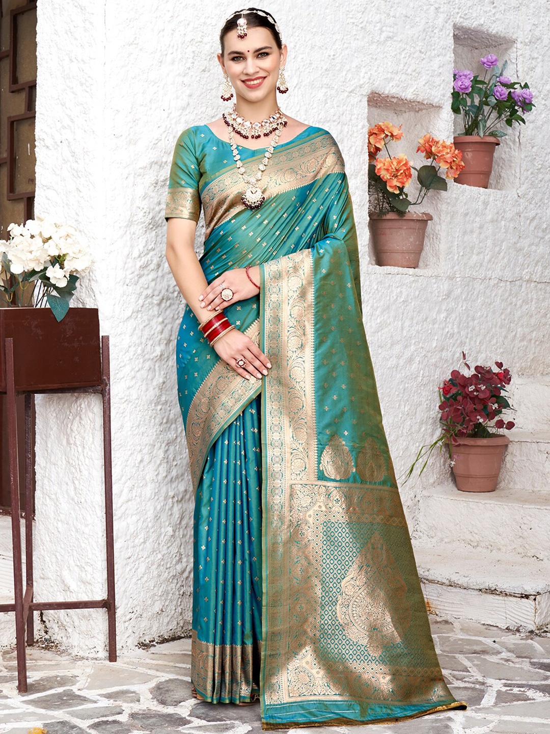 

Anouk Ethnic Motifs Woven Design Zari Detail Banarasi Saree, Turquoise blue