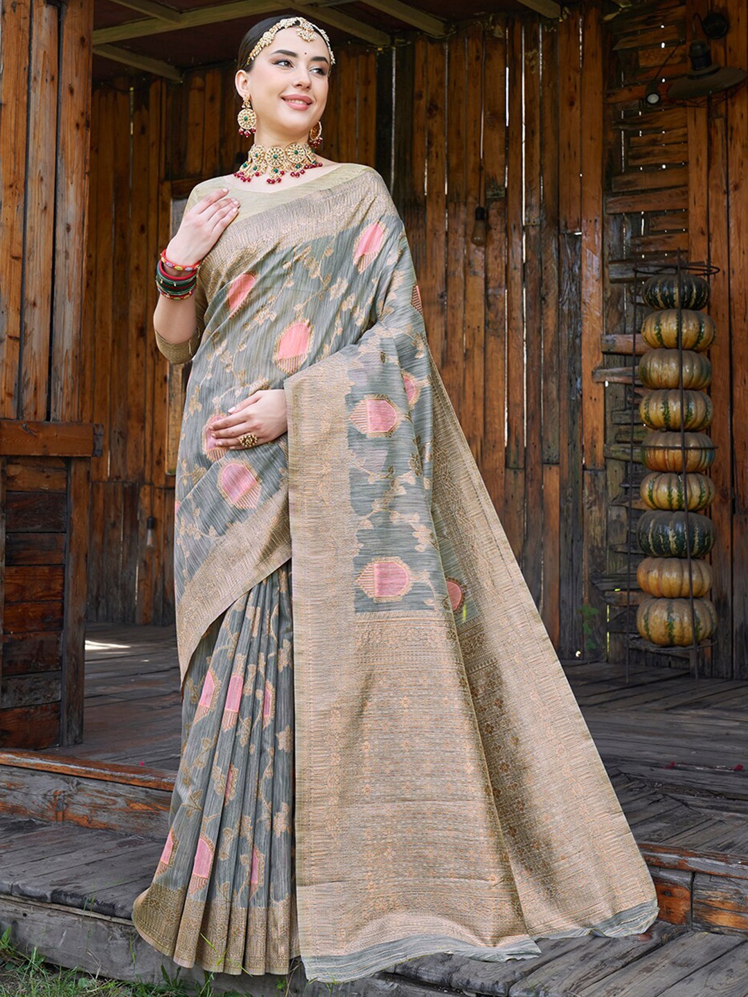 

Anouk Grey Ethnic Motifs Woven Design Zari Saree
