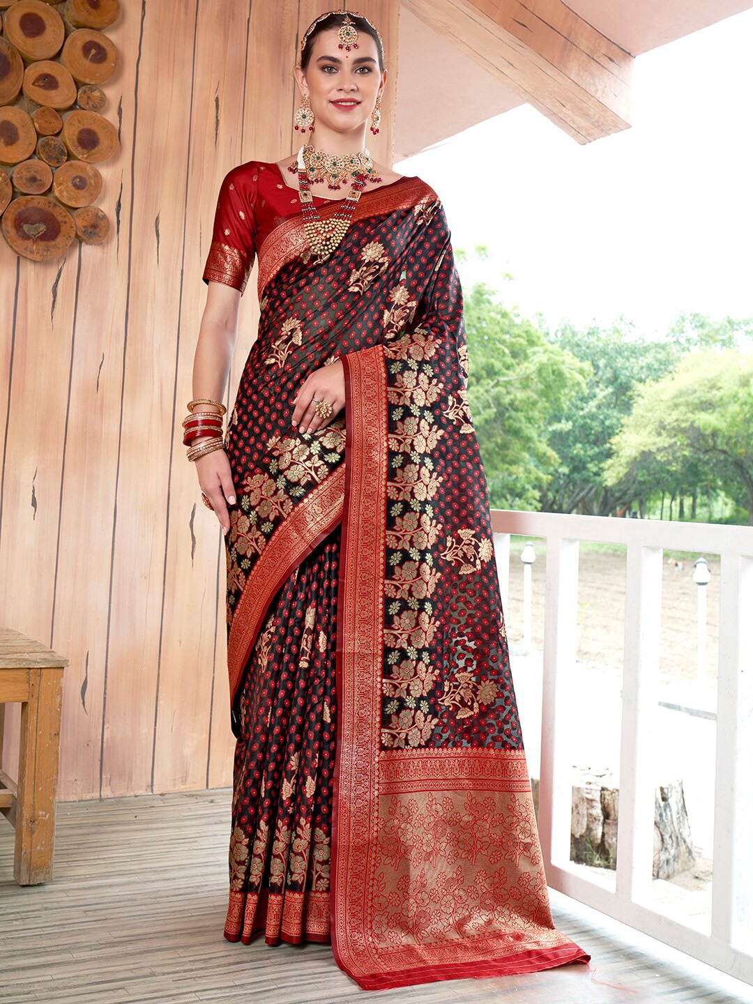 

Anouk Brown & Red Woven Design Zari Organza Saree