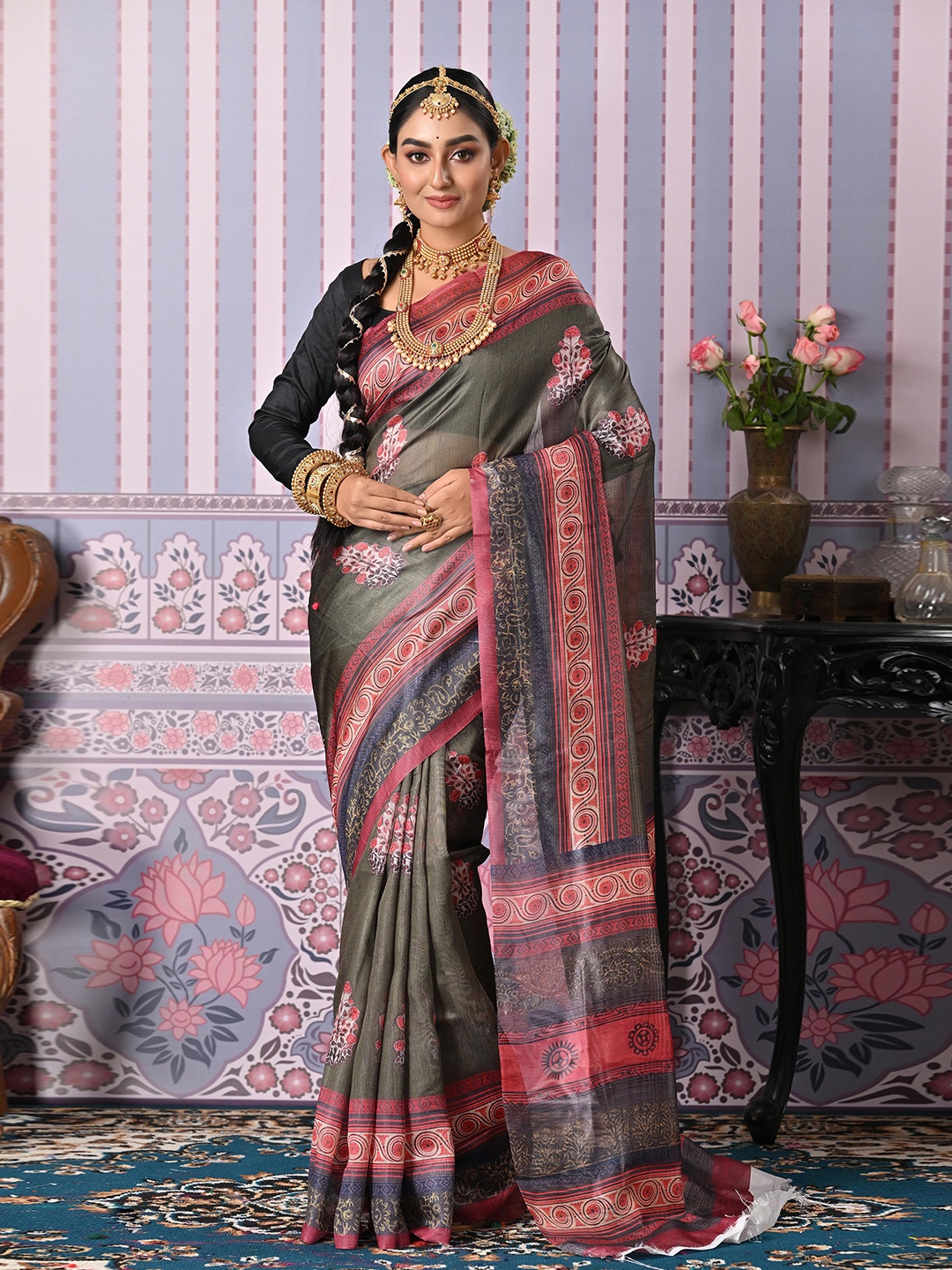 

Anouk Rustic Ethnic Motifs Khadi Saree, Grey