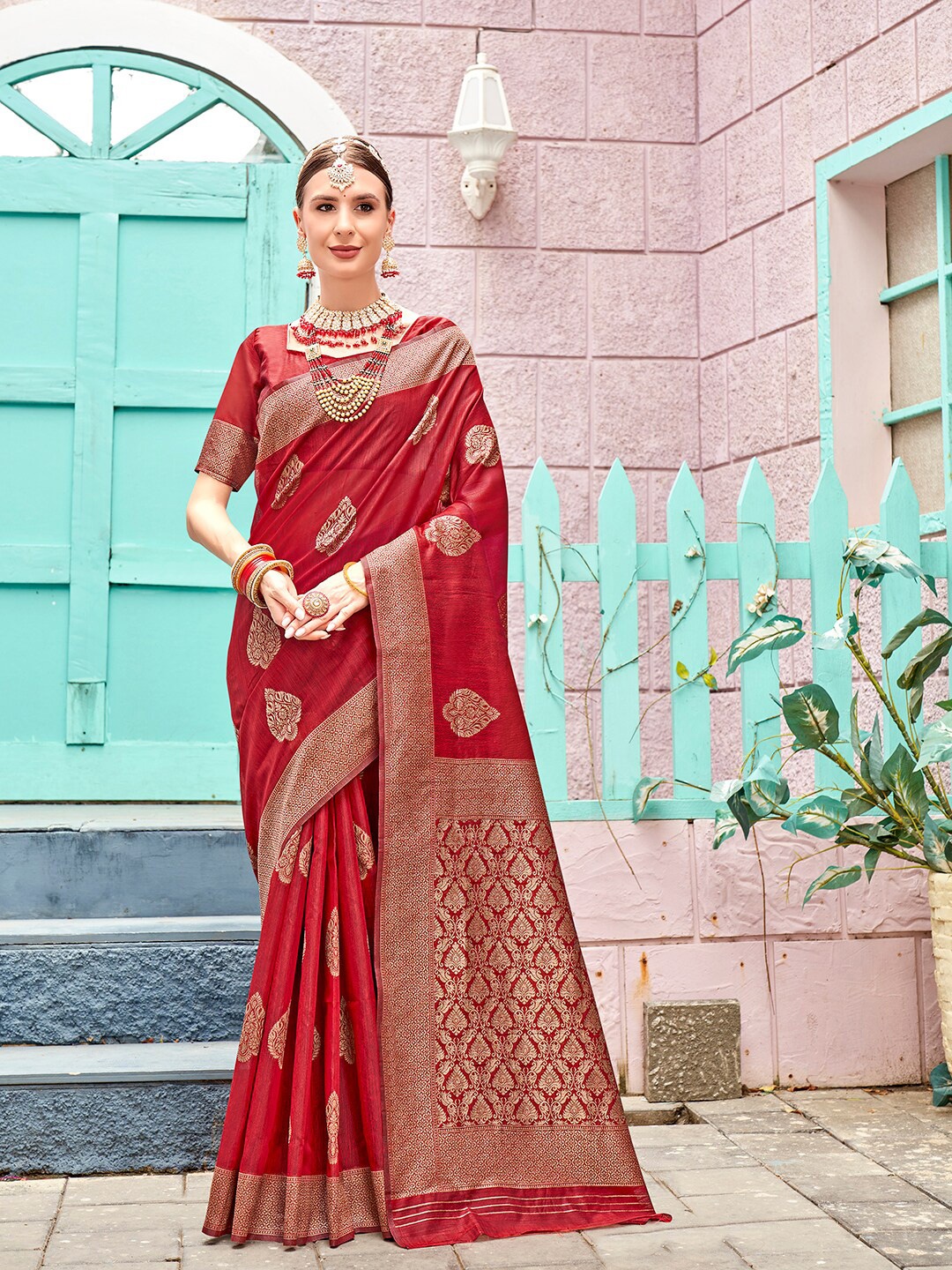 

Anouk Red & Gold-Toned Ethnic Motifs Woven Design Zari Linen Blend Saree