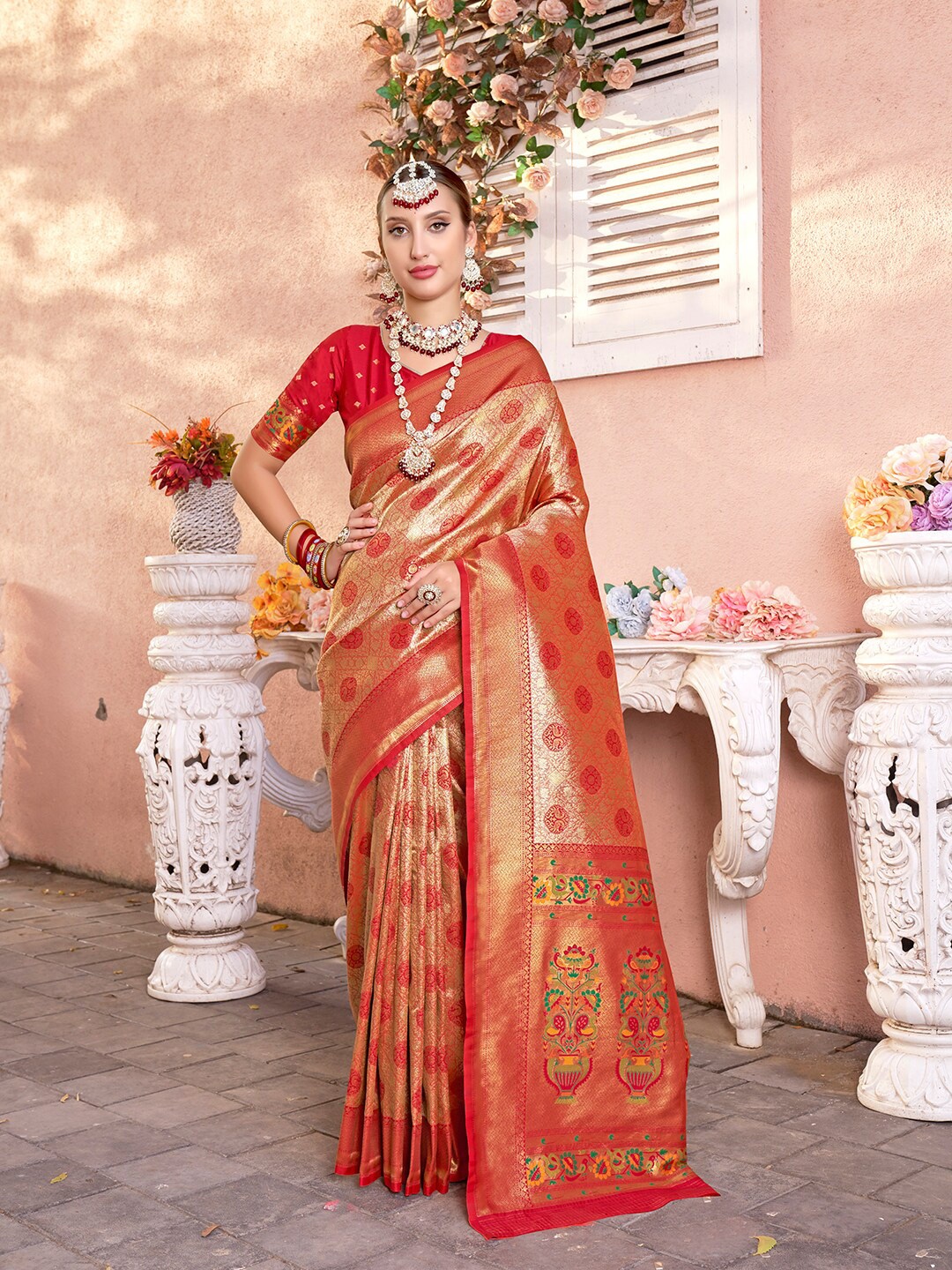 

Anouk Red & Green Ethnic Motifs Woven Design Zari Kanjeevaram Saree