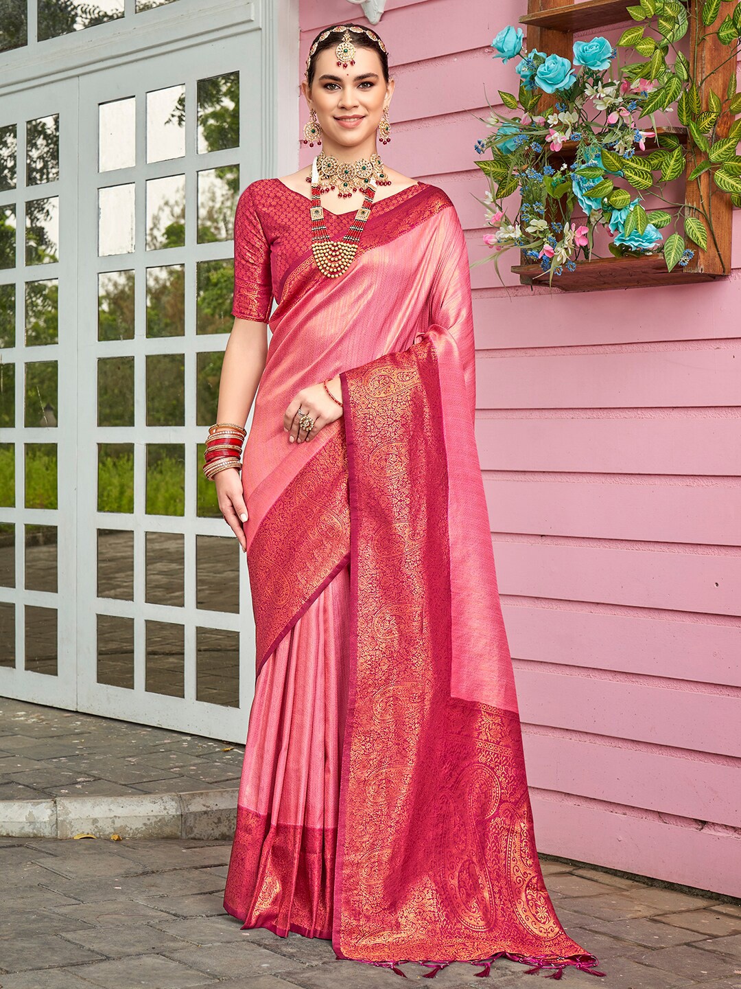 

Anouk Pink Ethnic Motifs Woven Design Zari Art Silk Saree